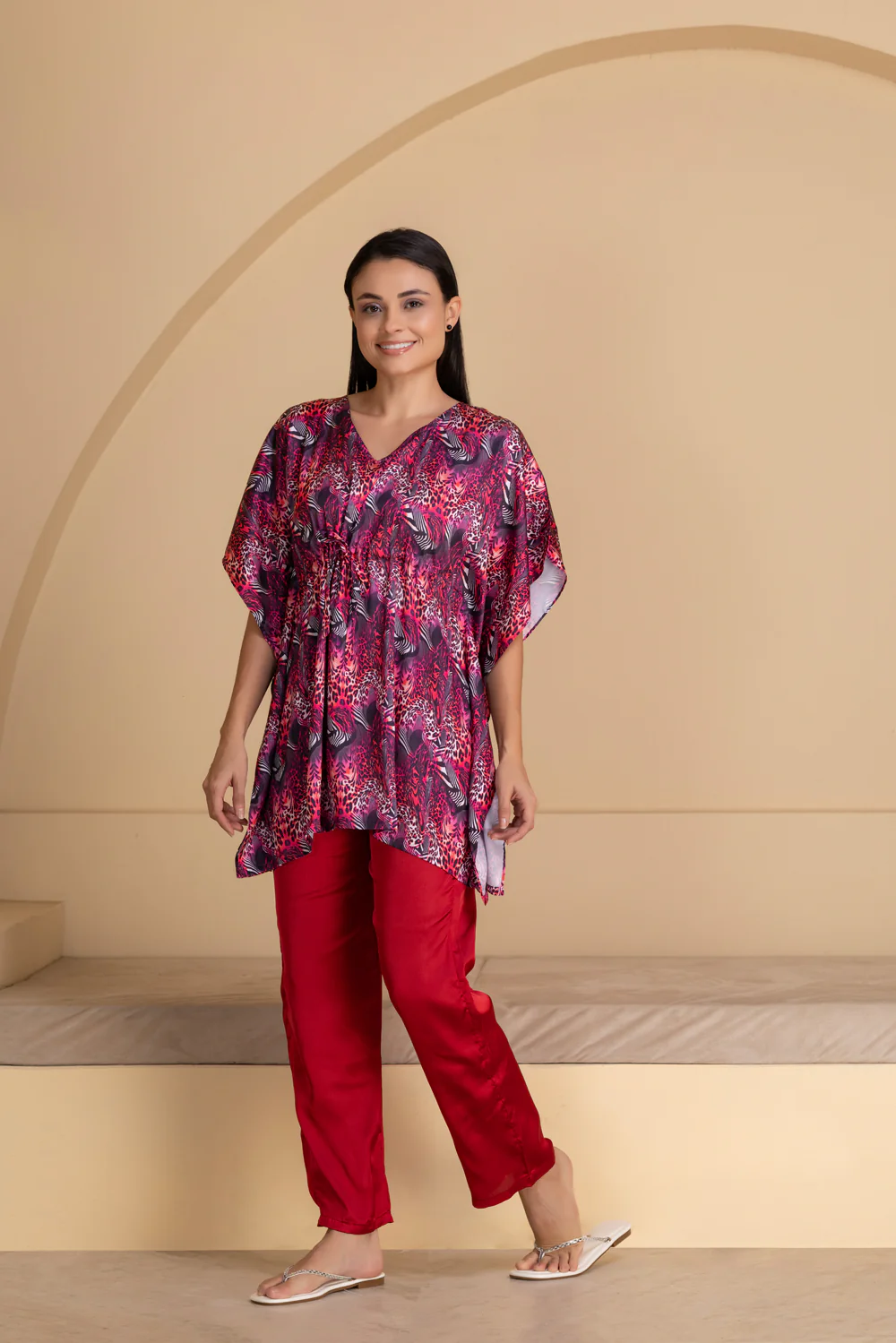 Abstract Printed Satin Kaftan Set - Image 3