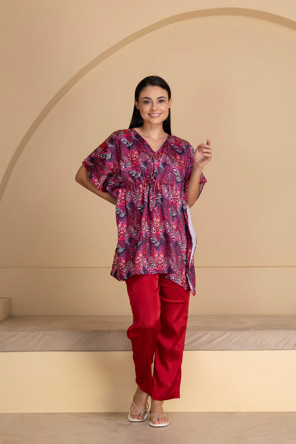 Abstract Printed Satin Kaftan Set - Image 4