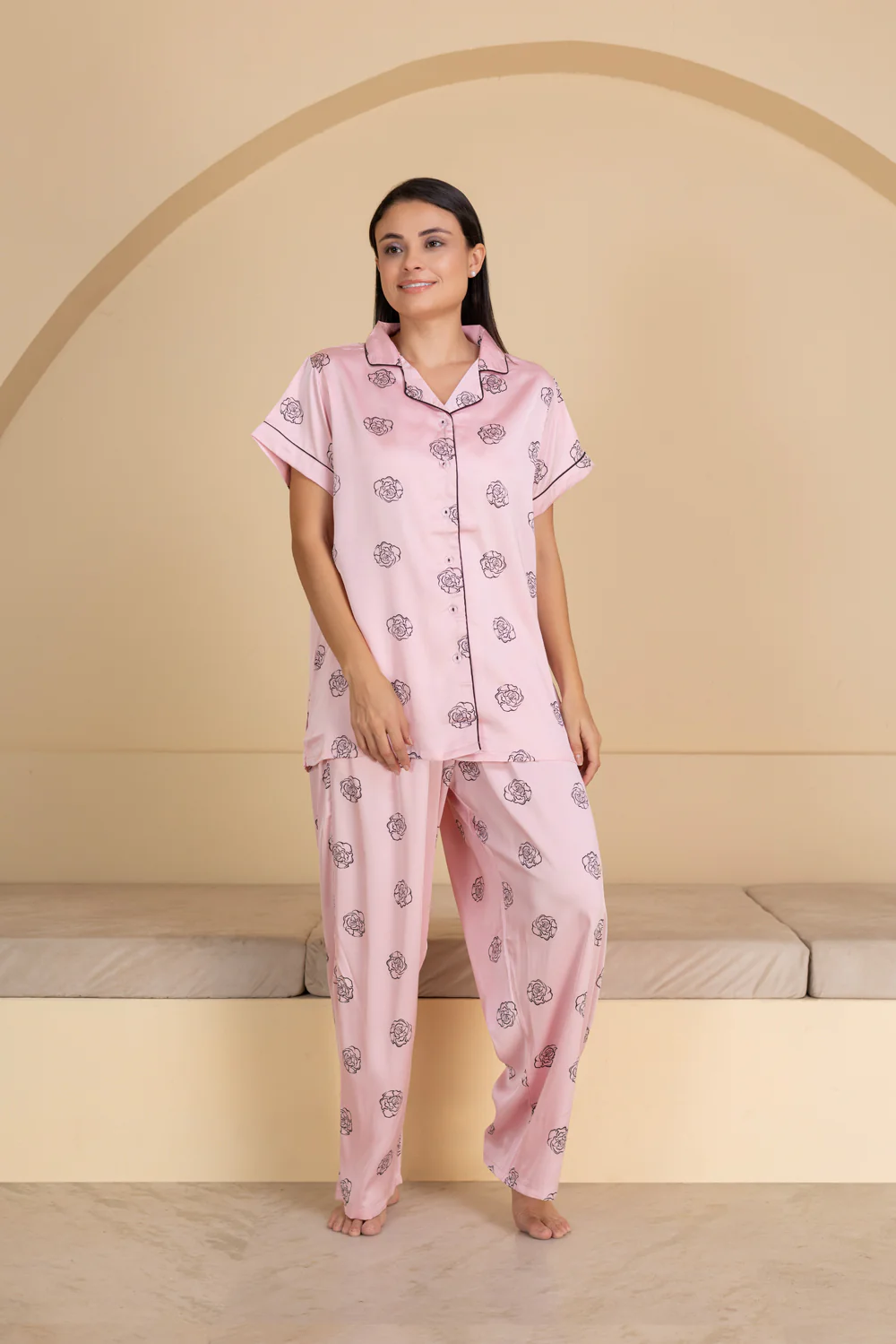 Baby pink Floral Pj set in super soft satin - Image 2