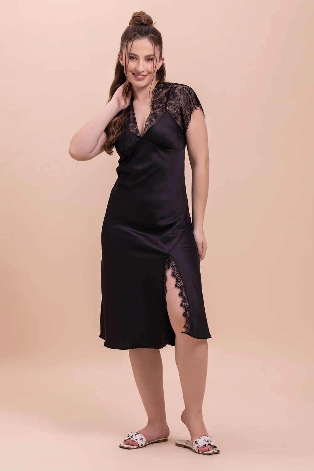Black satin Night dress with Lace detail - Image 2