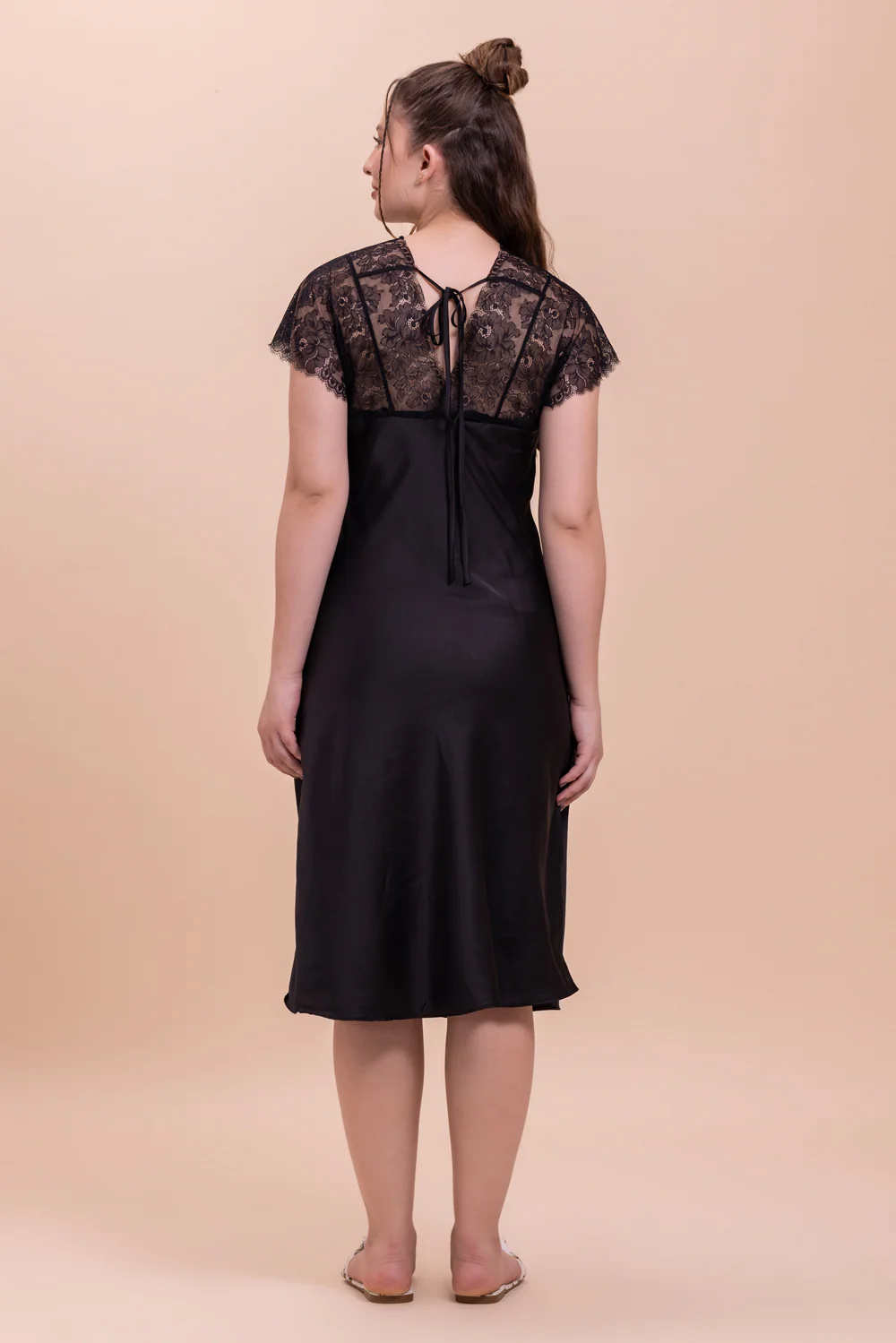 Black satin Night dress with Lace detail - Image 4