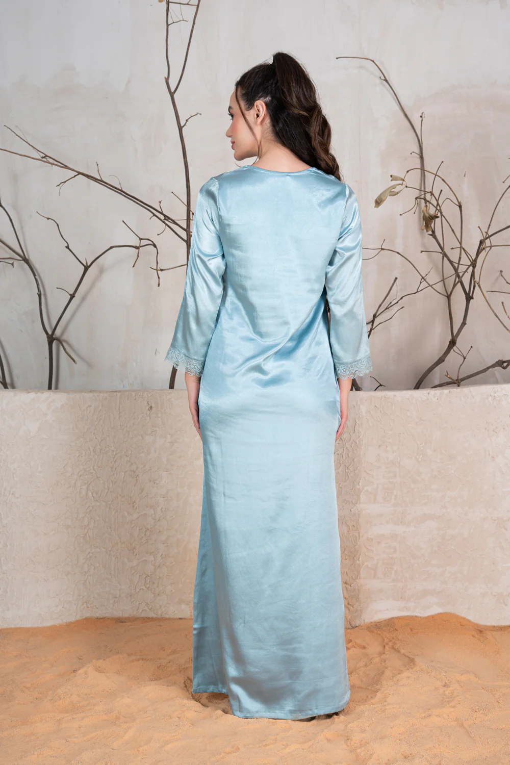 Blue satin Nighty with lace - Image 3