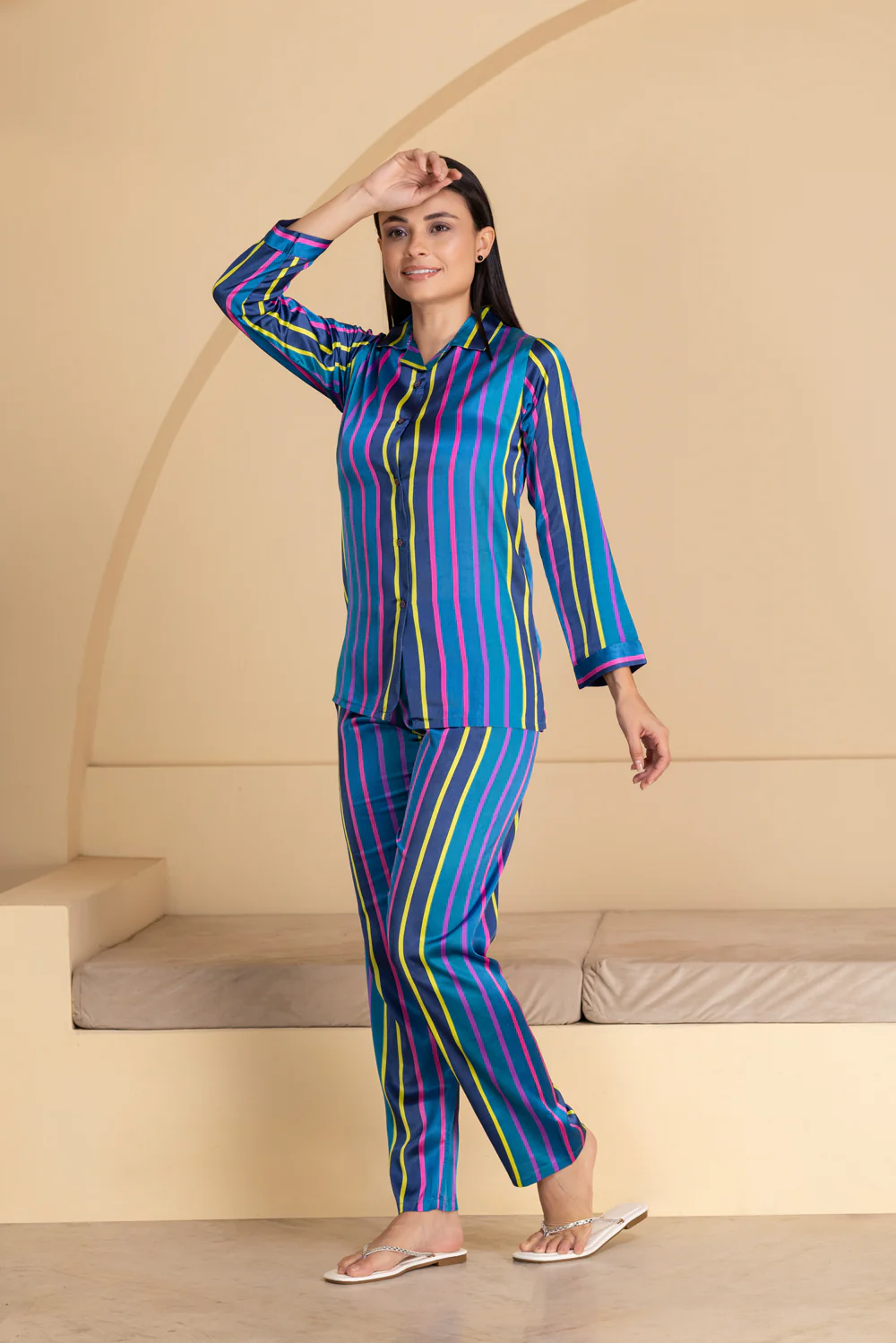 Blue Stripe Satin Collar Pajama Set - Image 2