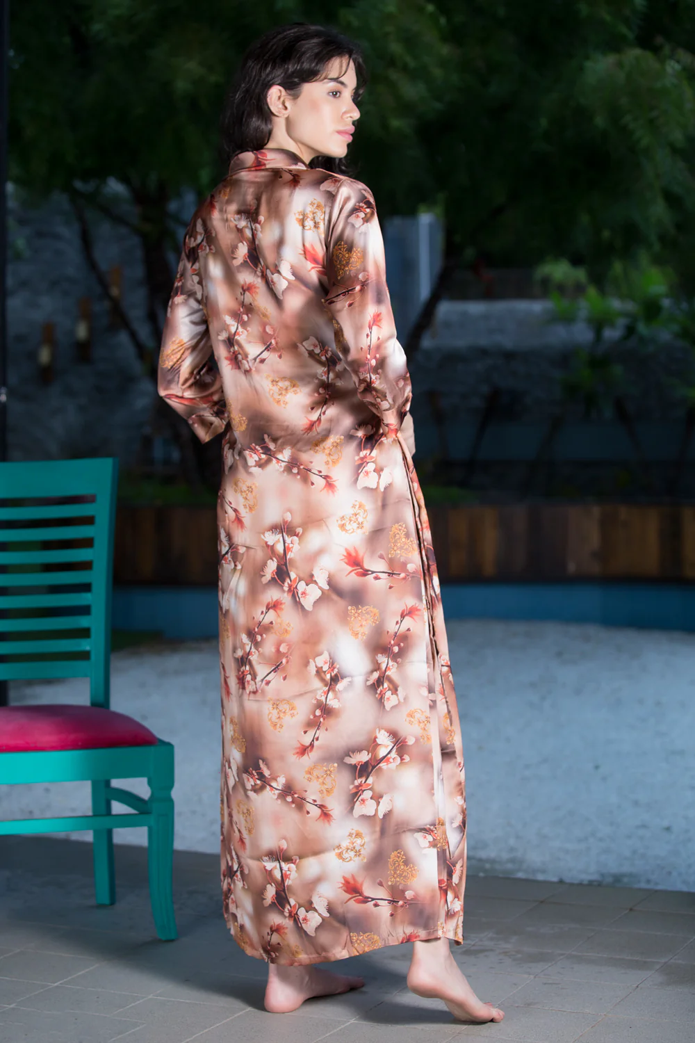 Brown Floral Print Satin Nightgown Set - Image 4