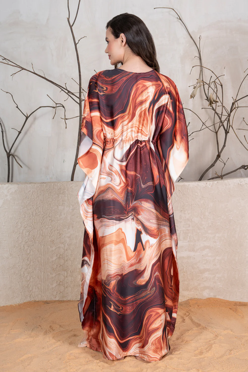 Brown Tie & Dye Printed Satin Kaftan - Image 5