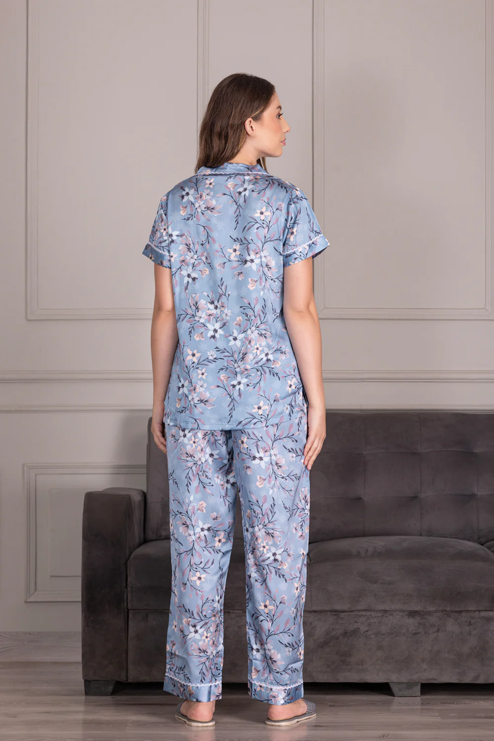 Floral Satin Front Open Night suit - Image 3