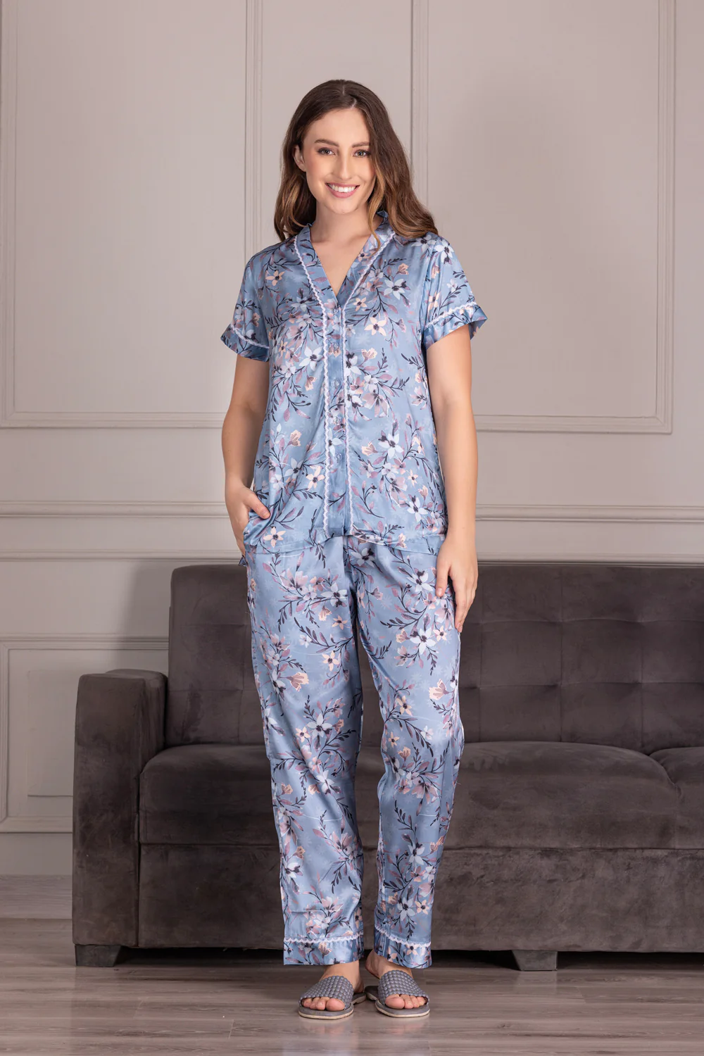 Floral Satin Front Open Night suit - Image 4