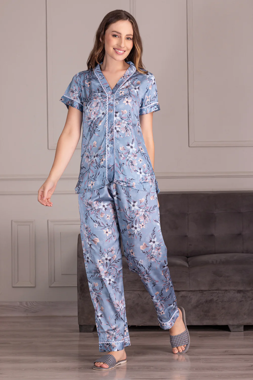 Floral Satin Front Open Night suit - Image 5