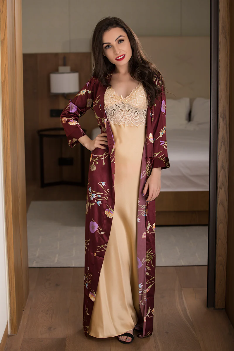 Golden Long Nighty With Maroon Robe Nightgown Set