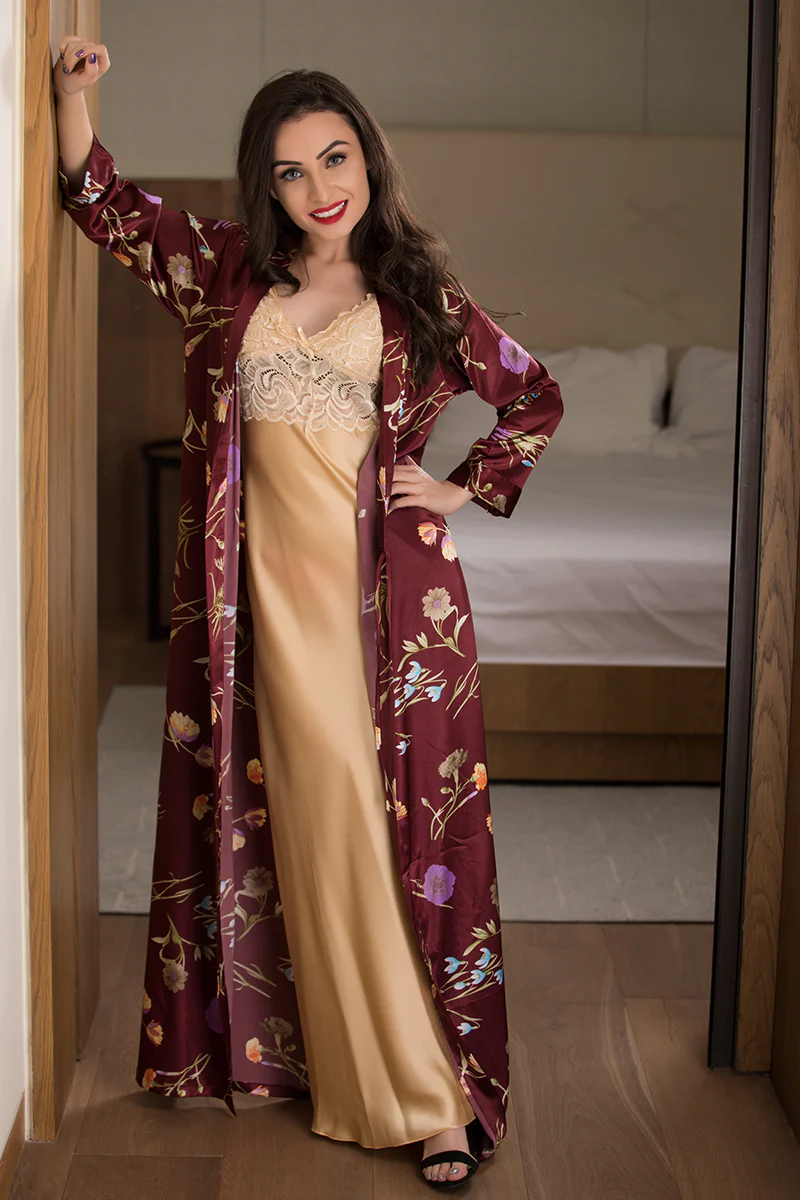 Golden Long Nighty With Maroon Robe Nightgown Set - Image 2