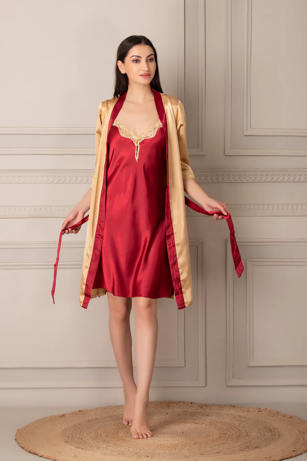 Golden & Maroon Satin Short Nightgown Set