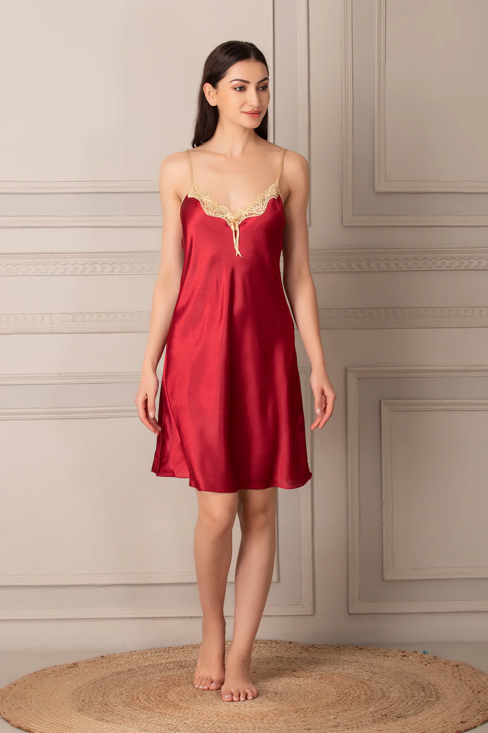 Golden & Maroon Satin Short Nightgown Set - Image 3
