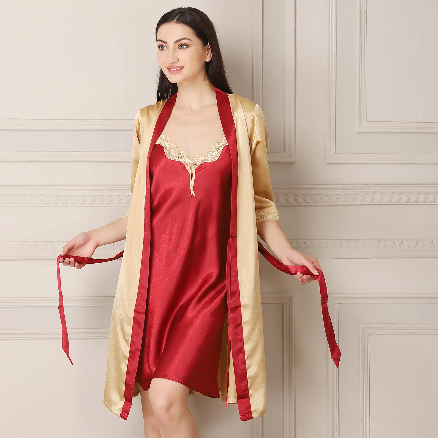 Golden & Maroon Satin Short Nightgown Set - Image 5