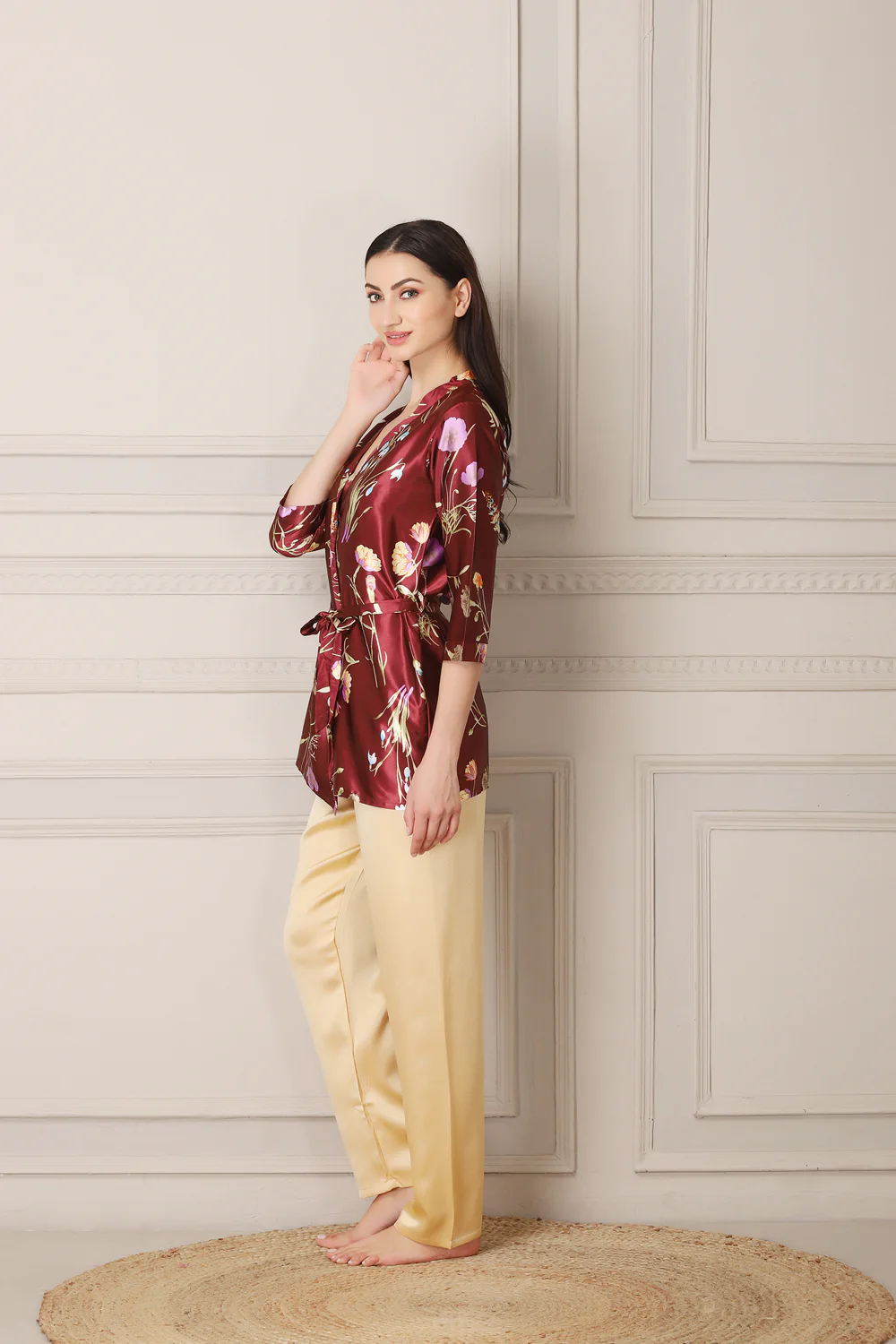 Golden Satin Night suit with Printed Robe - Image 3