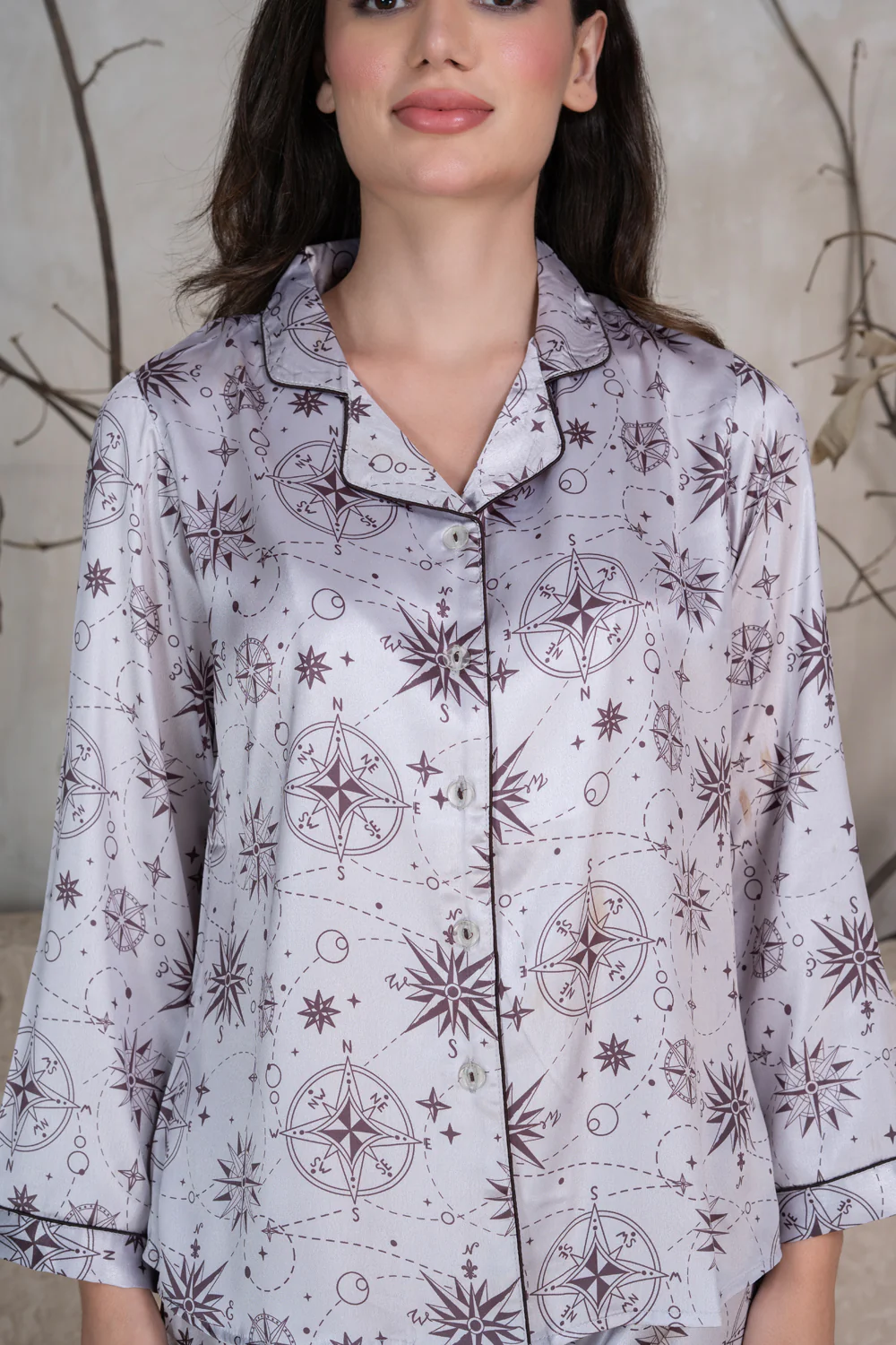 Grey Printed Satin Collar With Shorts Set - Image 5