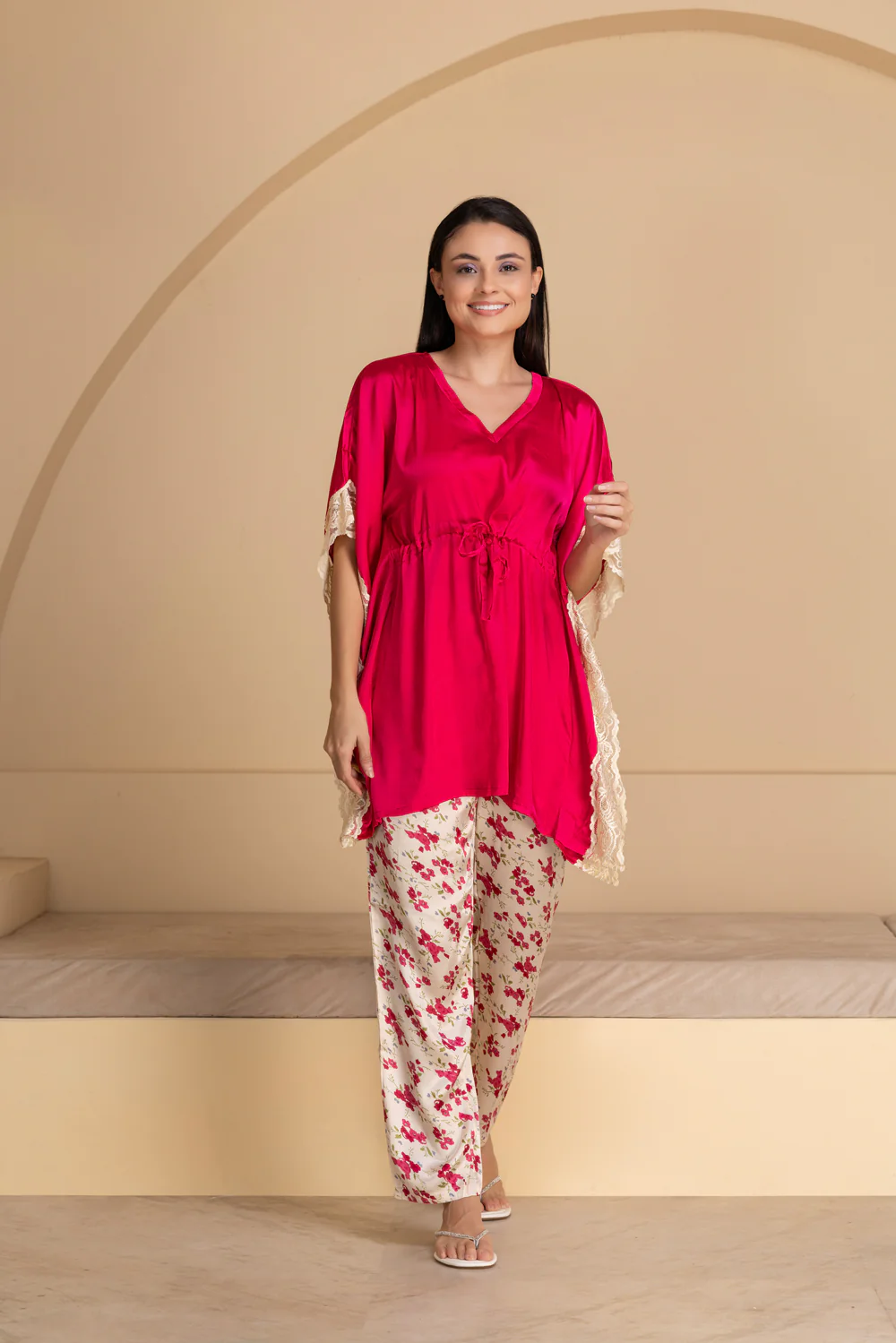 Hot pink satin Kaftan with lace - Image 2