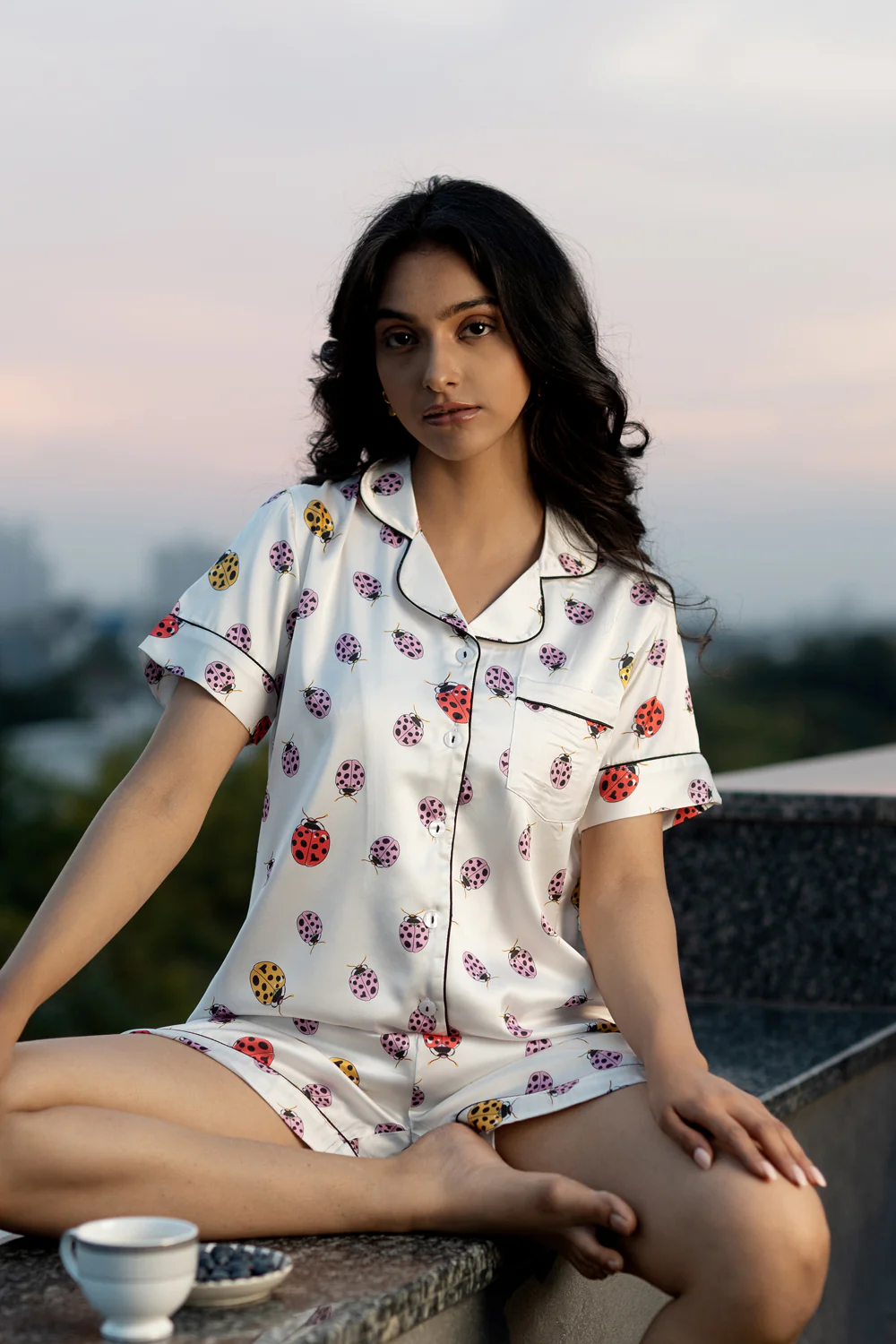 Lady Bug Printed Satin Short Night Suit Set (Top, shorts & Pj) - Image 5