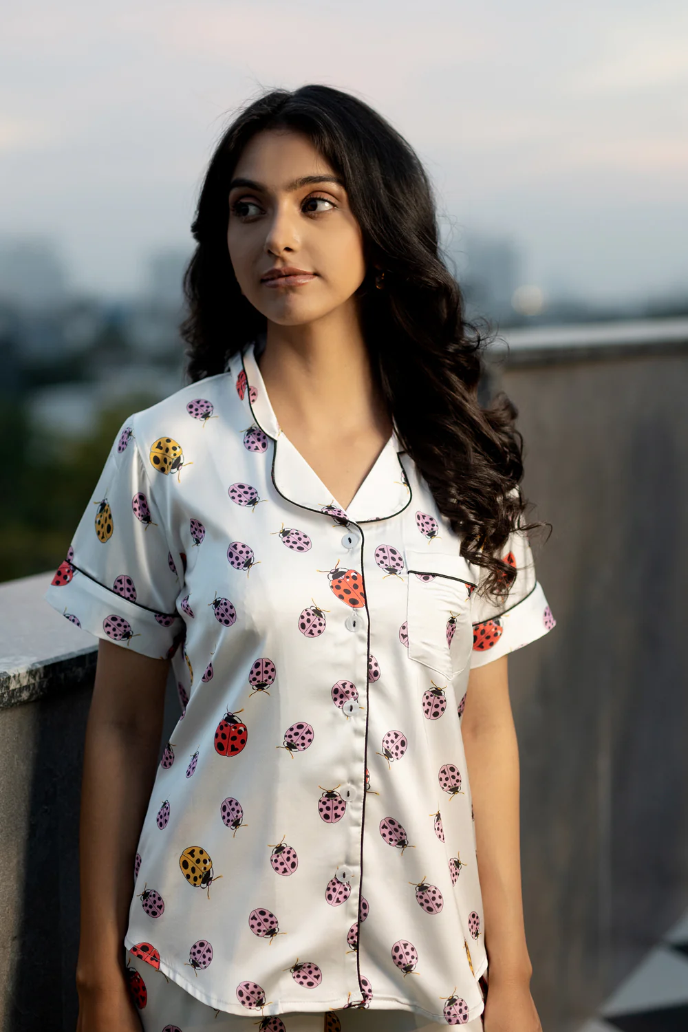 Lady Bug Printed Satin Short Night Suit Set (Top, shorts & Pj) - Image 8