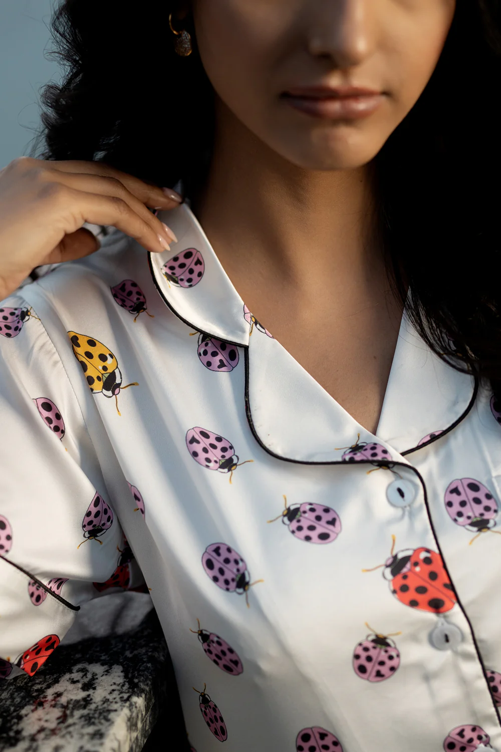 Lady Bug Printed Satin Short Night Suit Set (Top, shorts & Pj) - Image 9