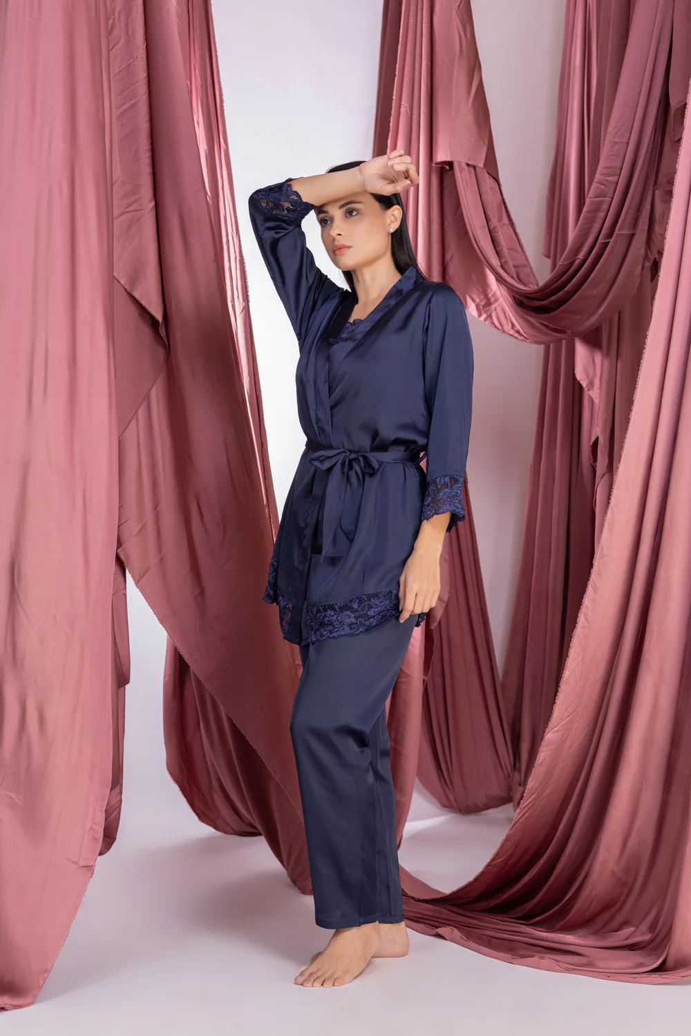 Navy blue satin Night suit with robe - Image 5