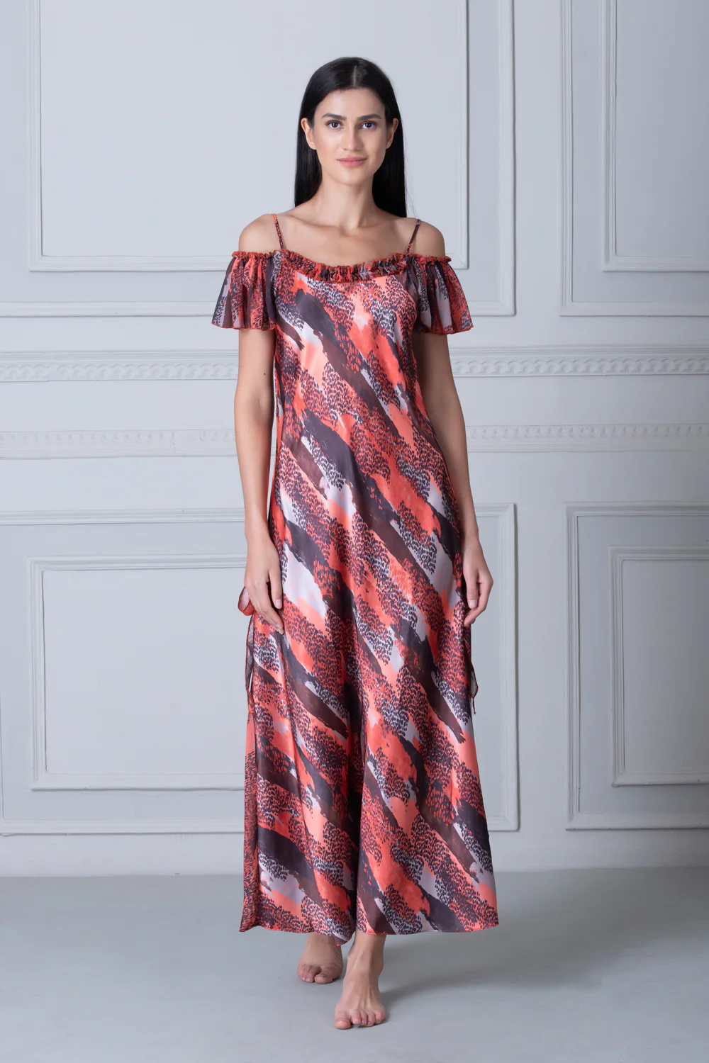 Off Shoulder Printed Satin Nighty - Image 2