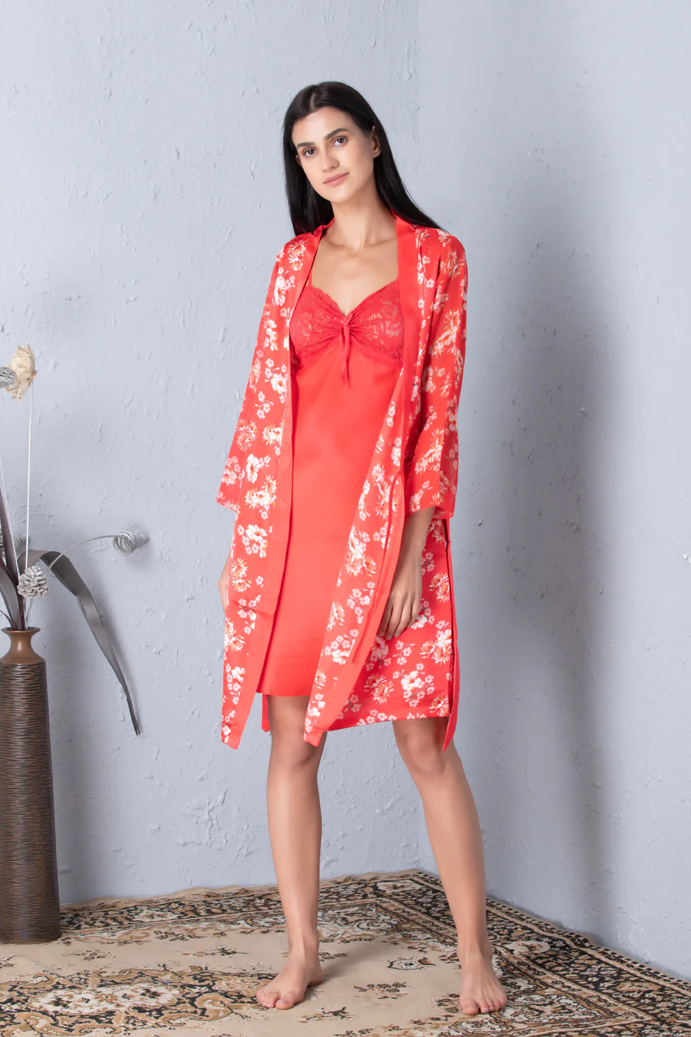 Orange Printed Robe & Plain Nightgown Set