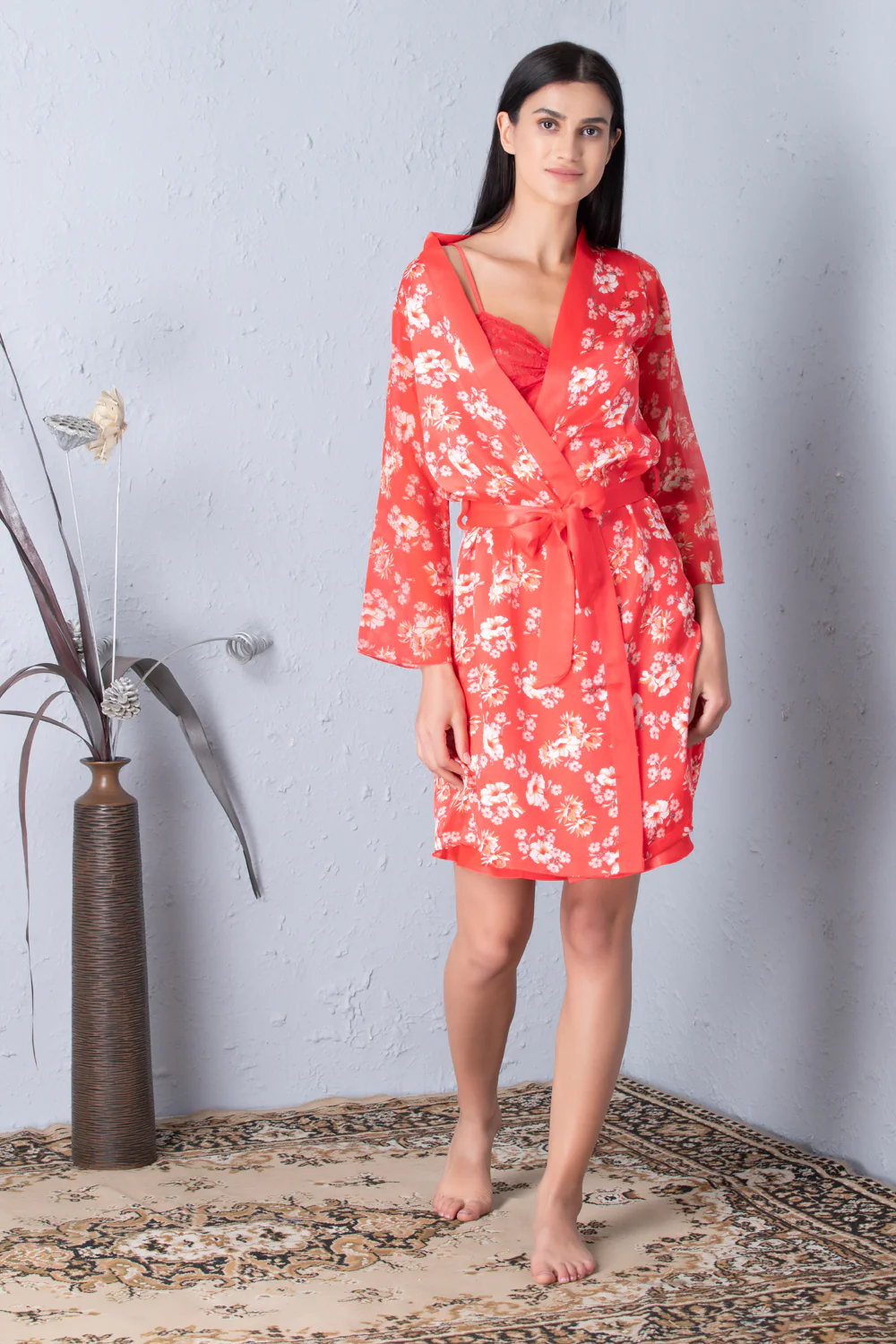 Orange Printed Robe & Plain Nightgown Set - Image 3