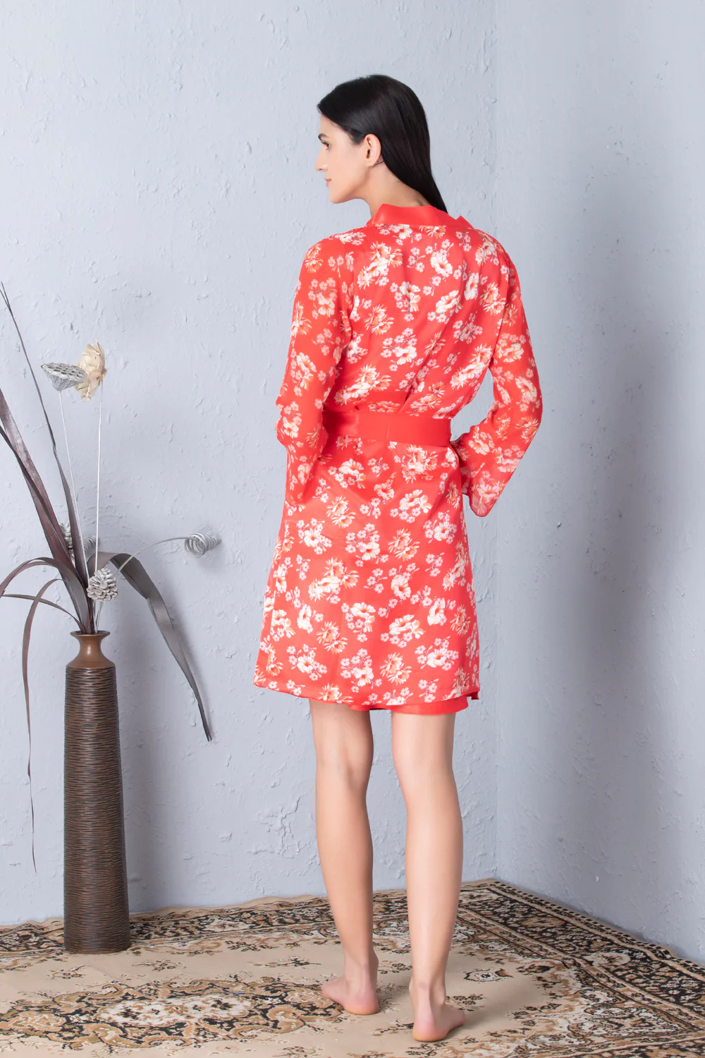 Orange Printed Robe & Plain Nightgown Set - Image 4