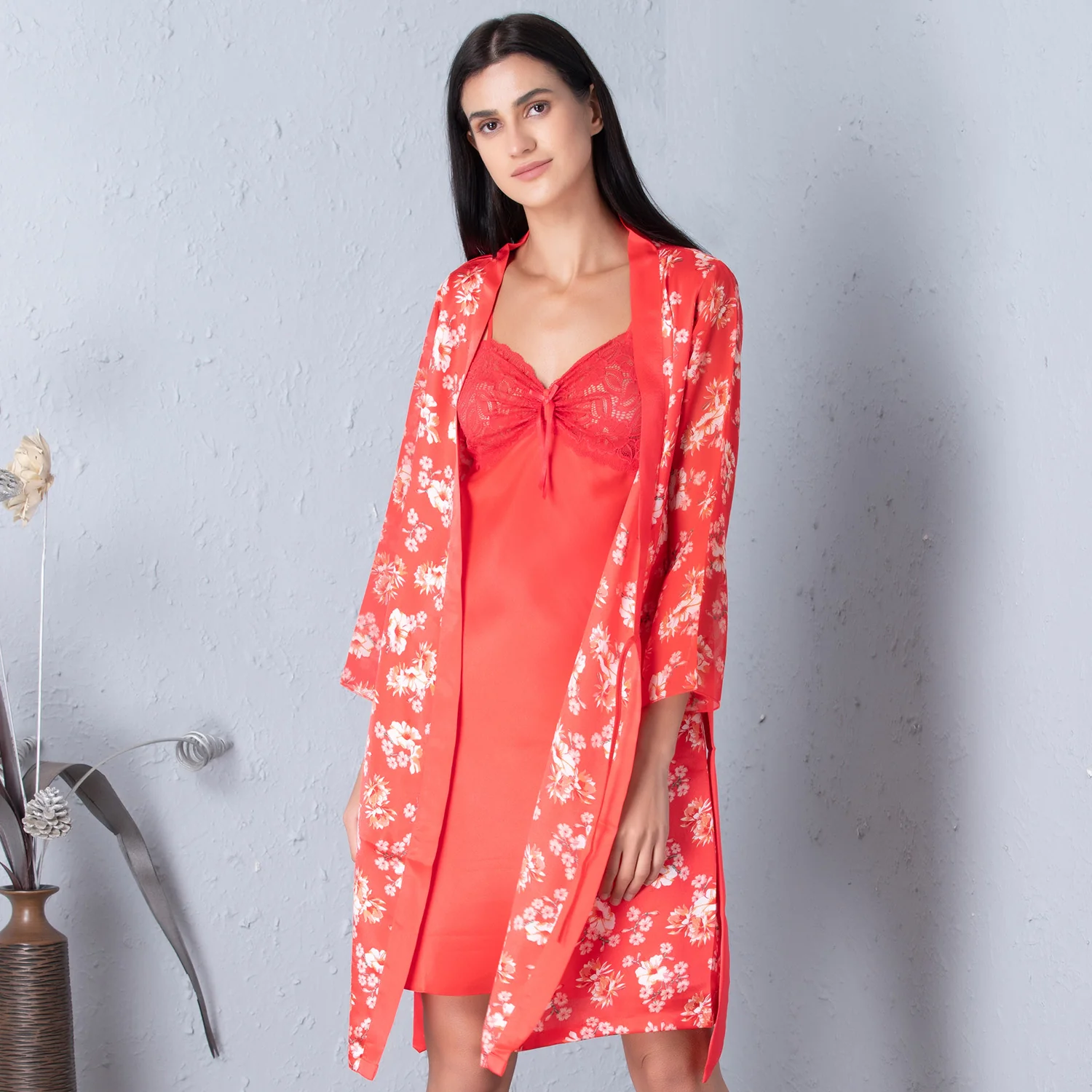 Orange Printed Robe & Plain Nightgown Set - Image 5