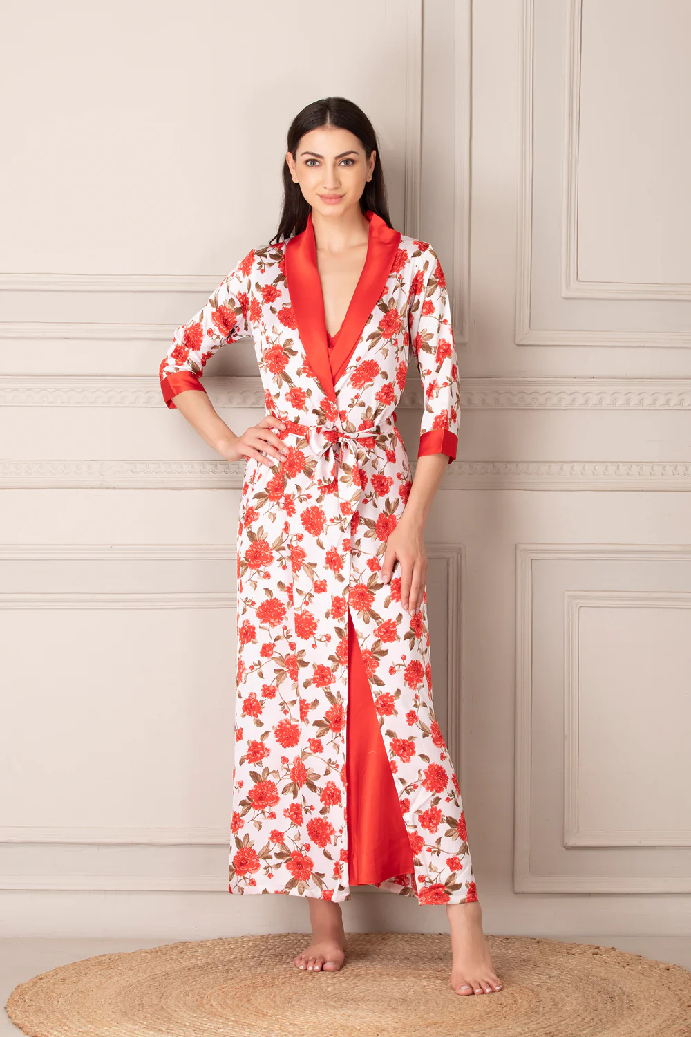 Orange Printed Satin Long Nightgown Set - Image 5