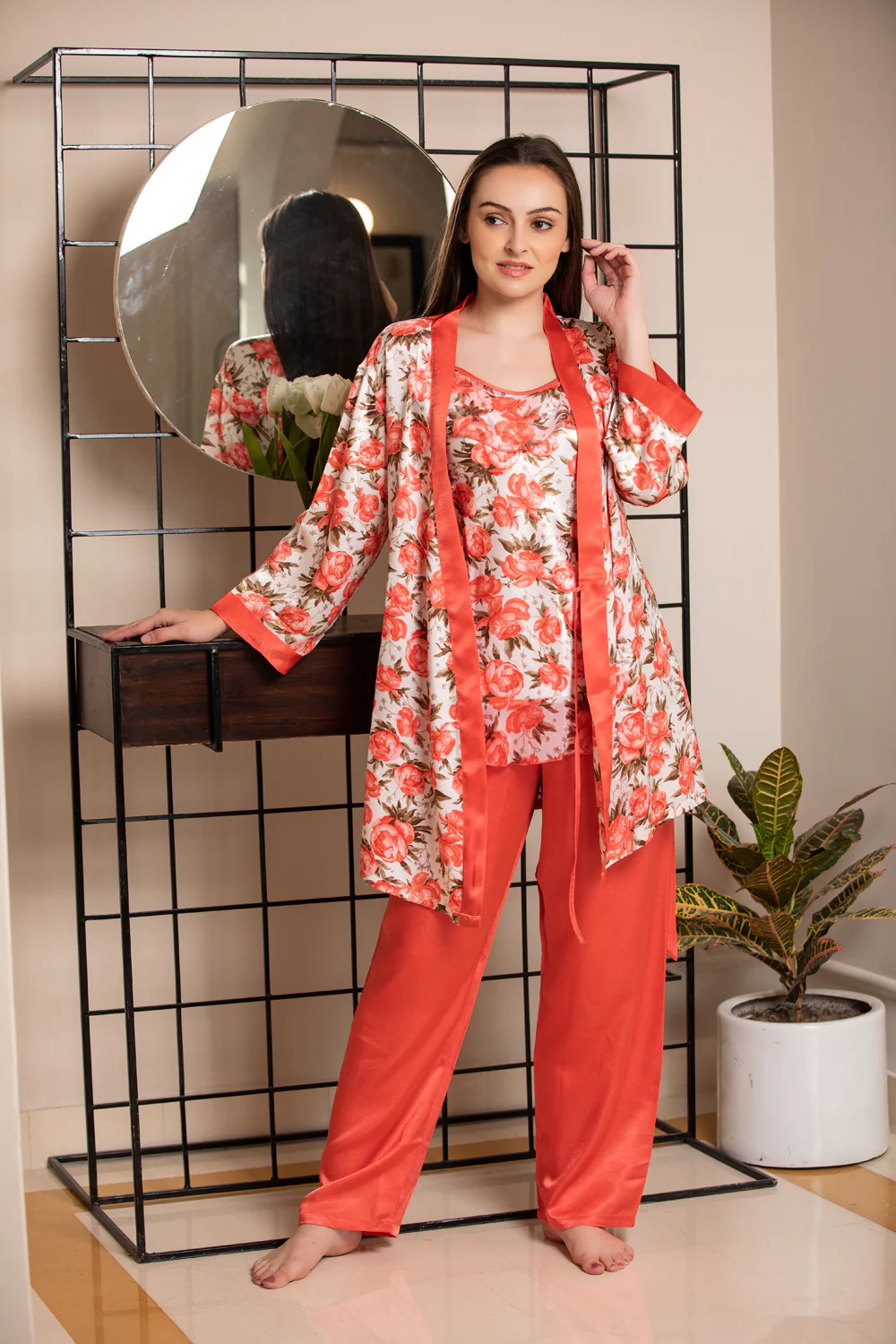 Orange Printed Satin Night Suit with Robe