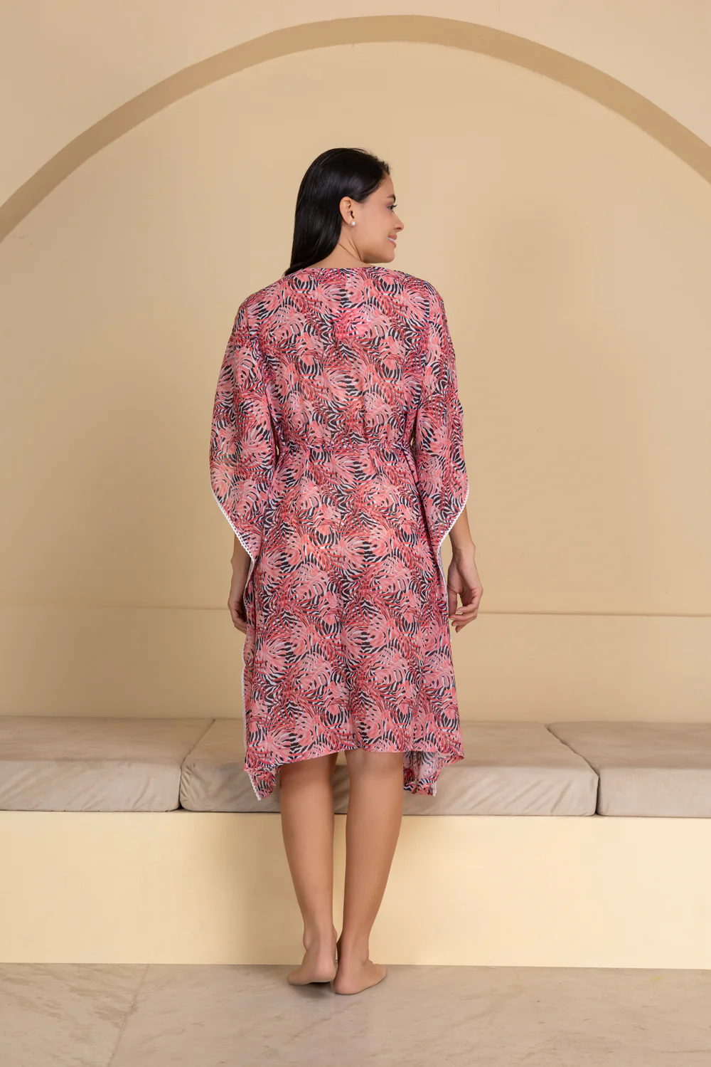 Pink Floral Printed Chiffon Kaftan - Image 3