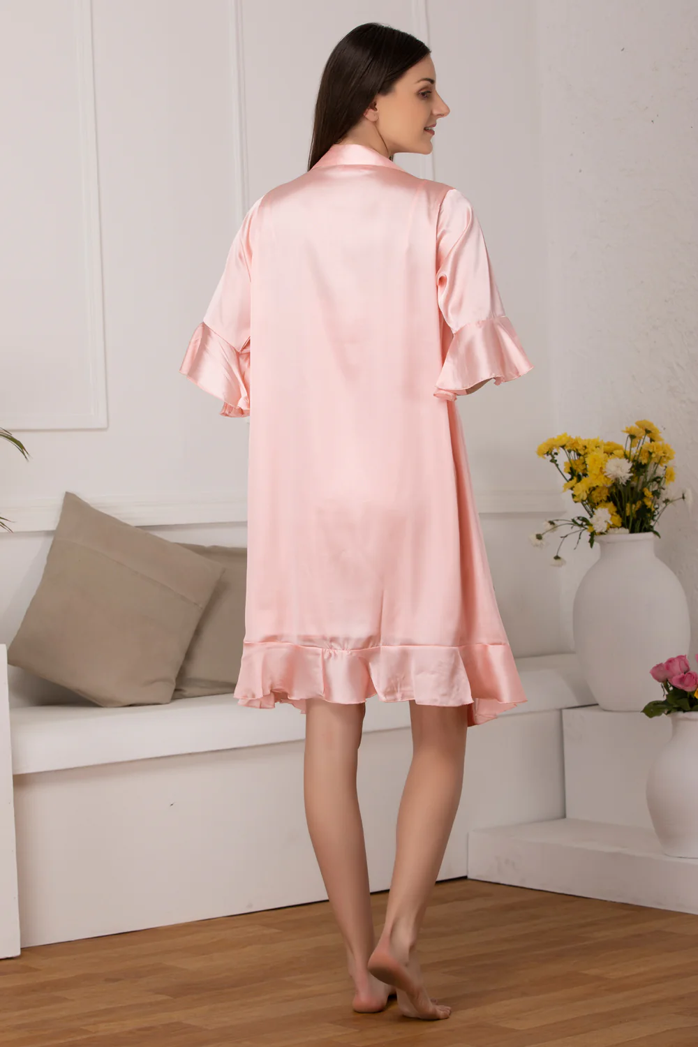 Pink Plain Satin Short Nightgown Set - Image 2