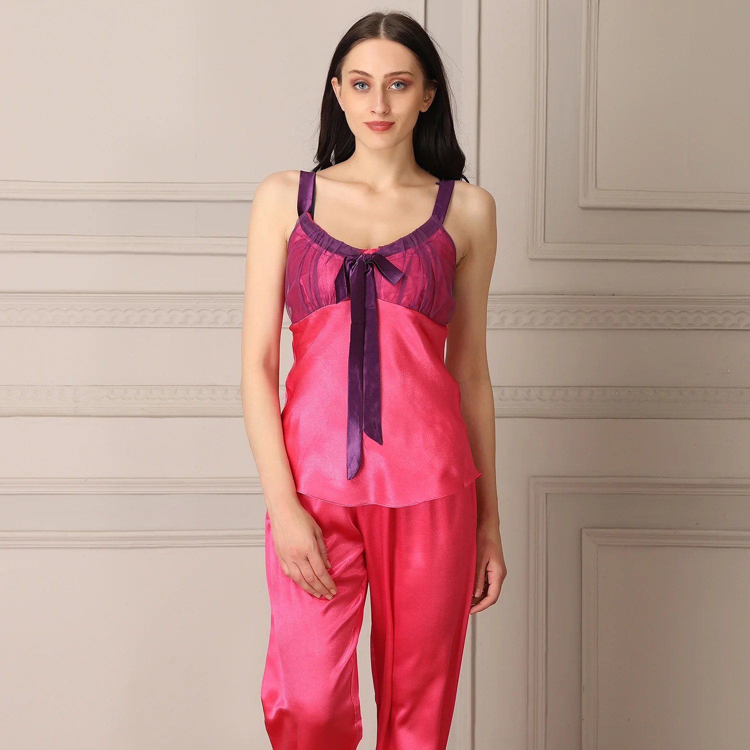 Pink Satin Night Suit With Robe Set - Image 4
