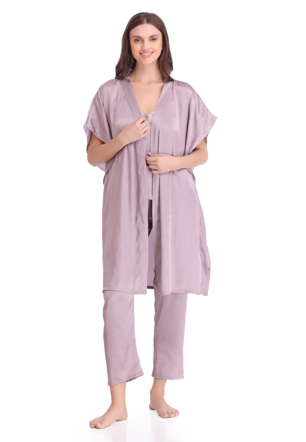 Plain satin Nightsuit with Long robe - Image 3