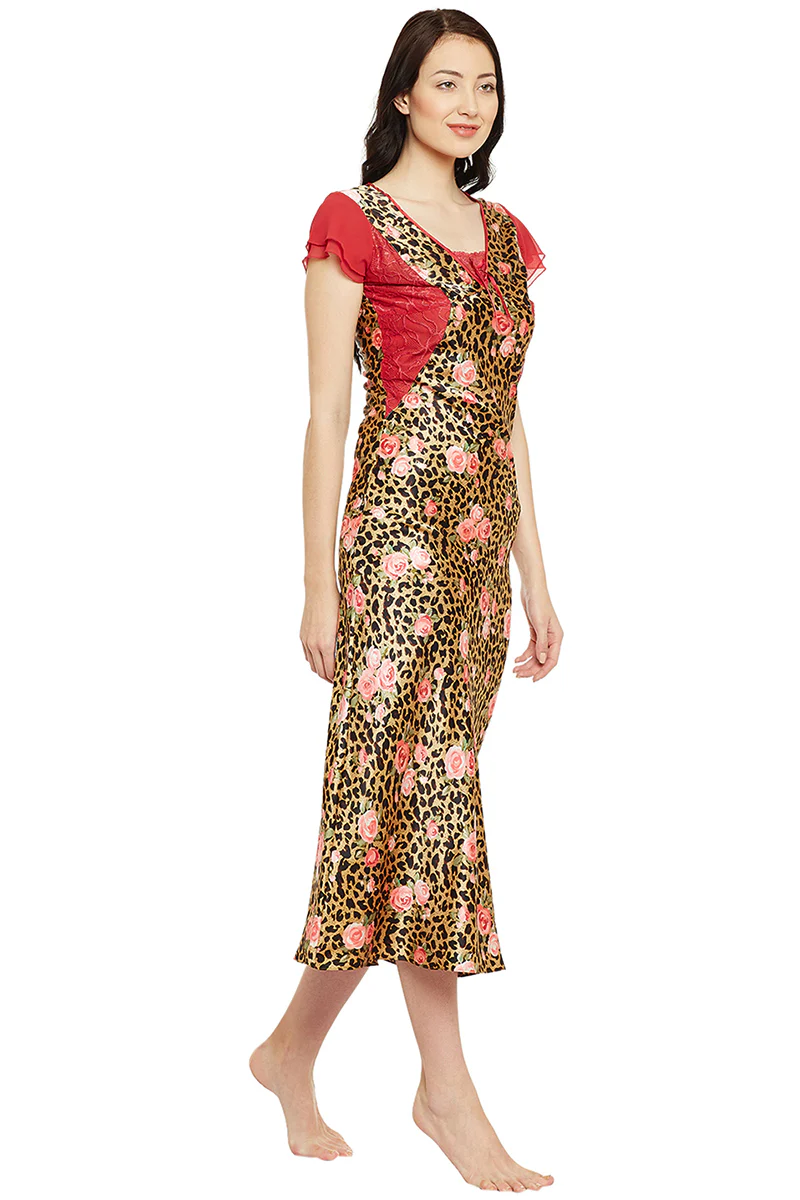 Printed Long Nighty In Gold Color - Image 4