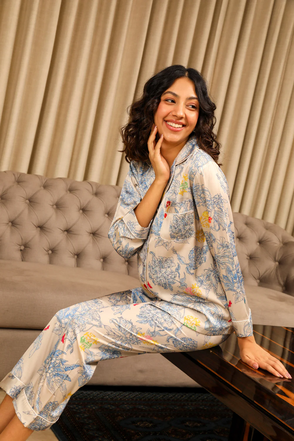 Printed Satin Classic Collar Nightsuit - Image 5