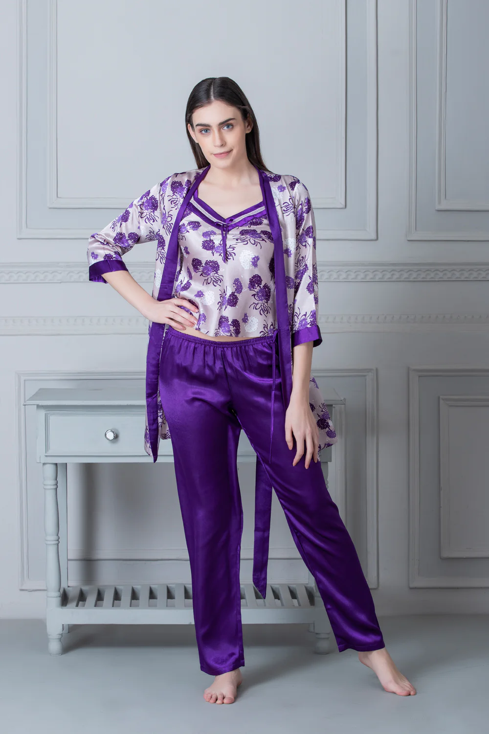 Printed satin Night suit with Robe Blue - Image 3