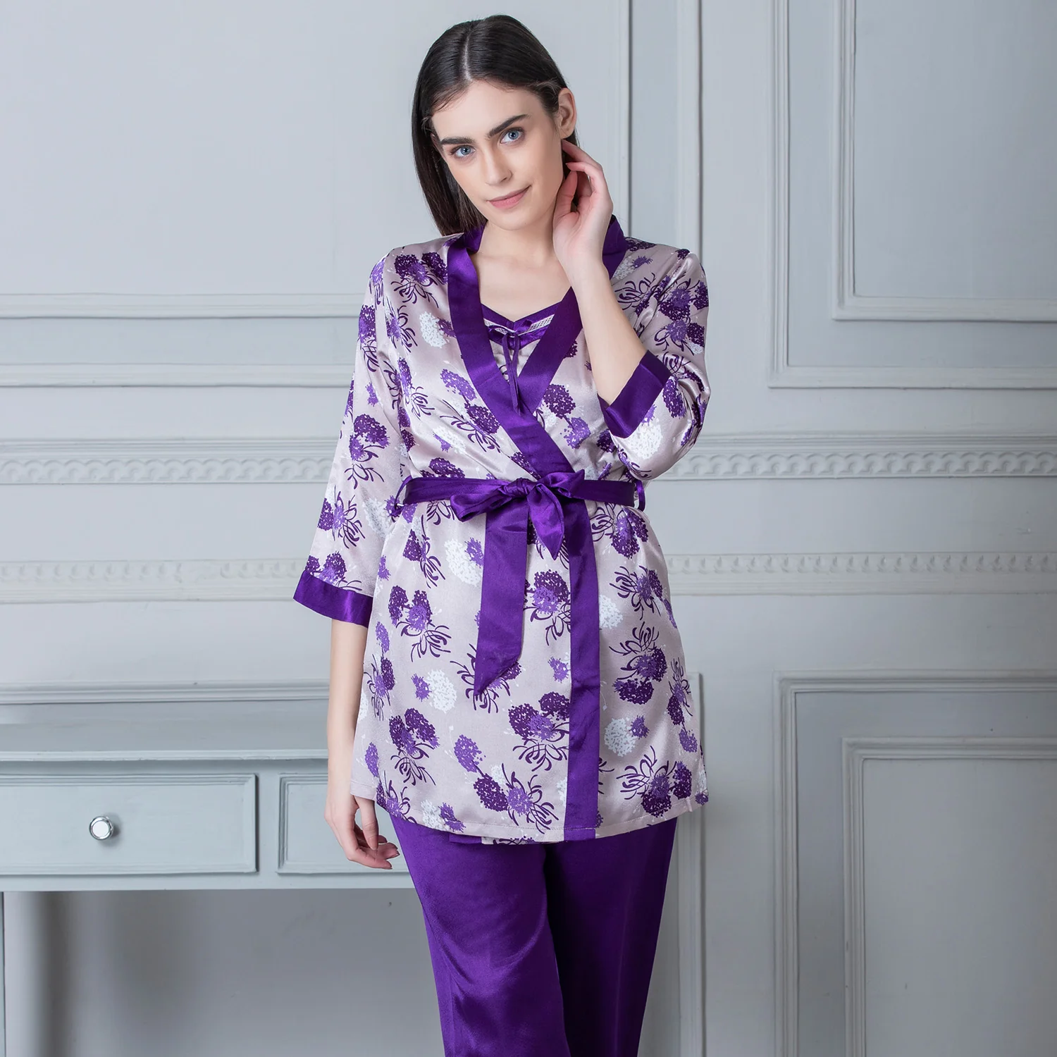 Printed satin Night suit with Robe Blue - Image 4