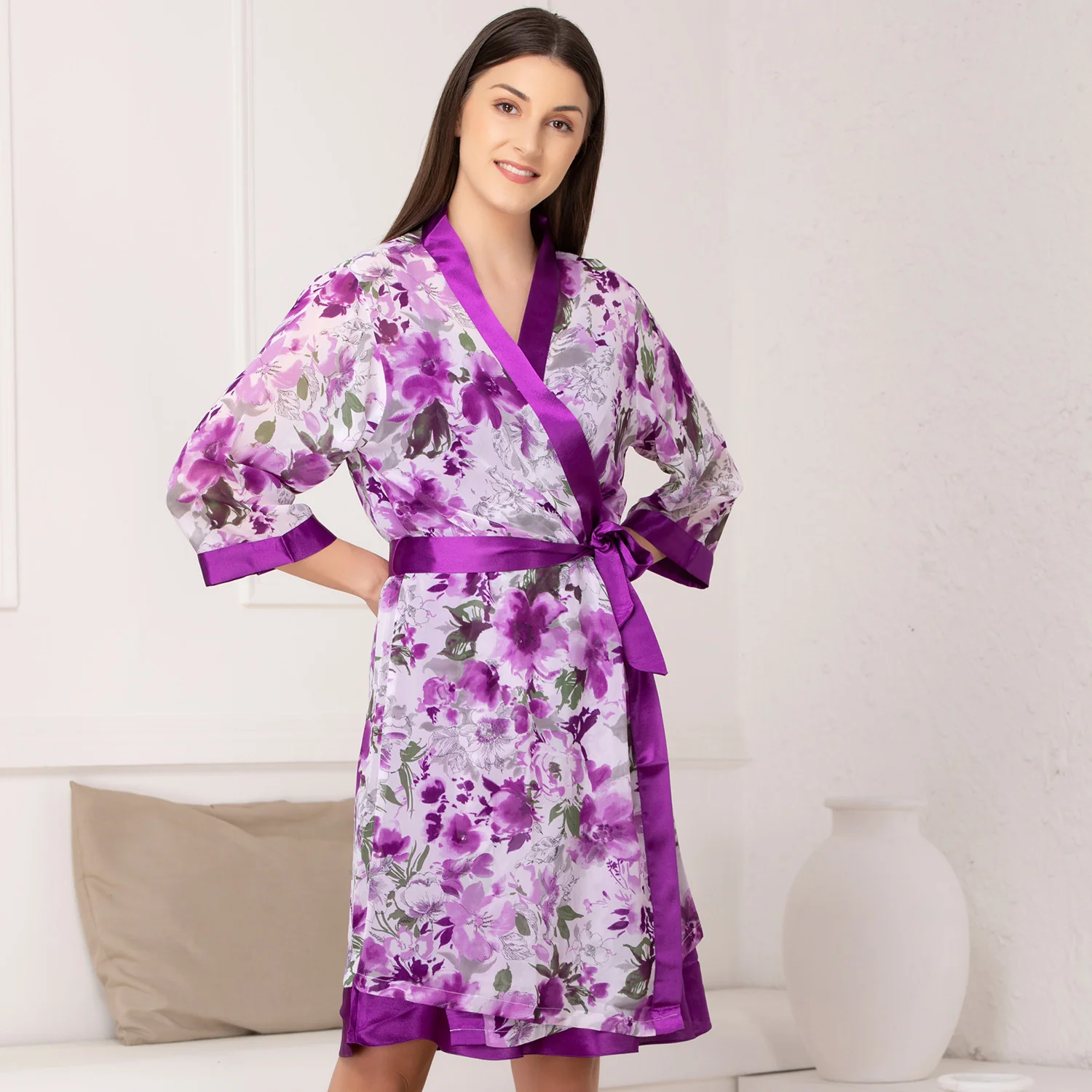 Purple Printed Satin Nightgown Set - Image 4