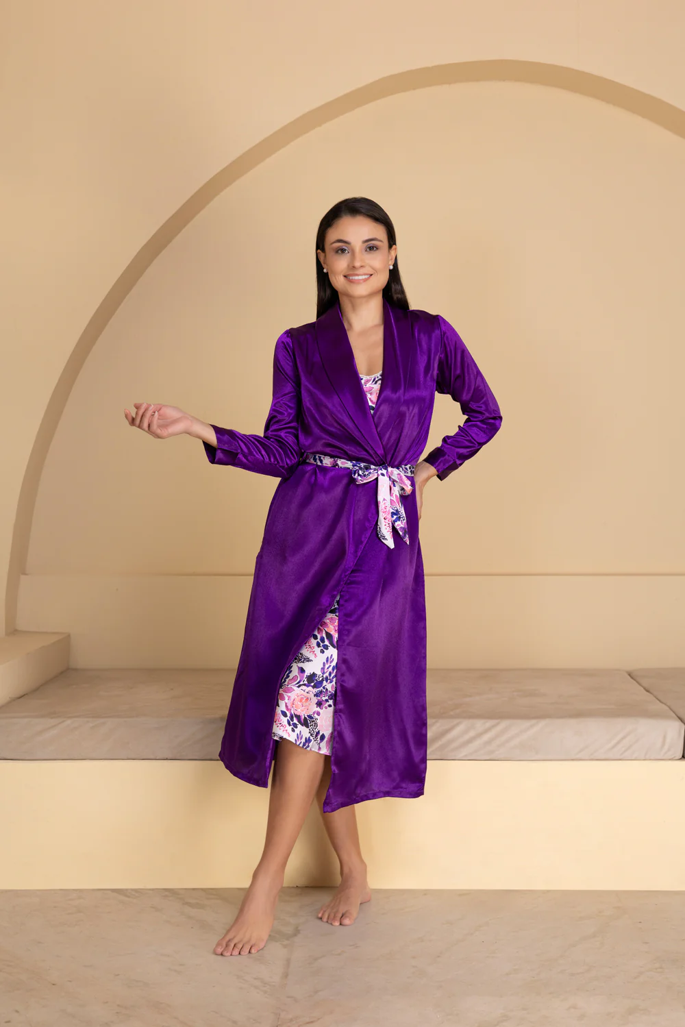 Purple Printed Satin Nightgown Set - Image 3