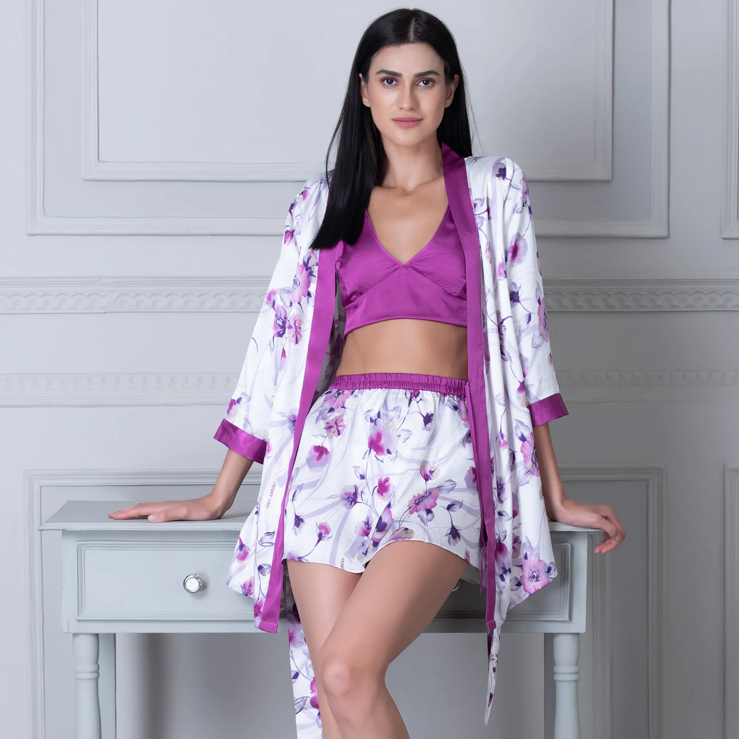 Purple & White Satin Top & Skirt with Robe Set - Image 4
