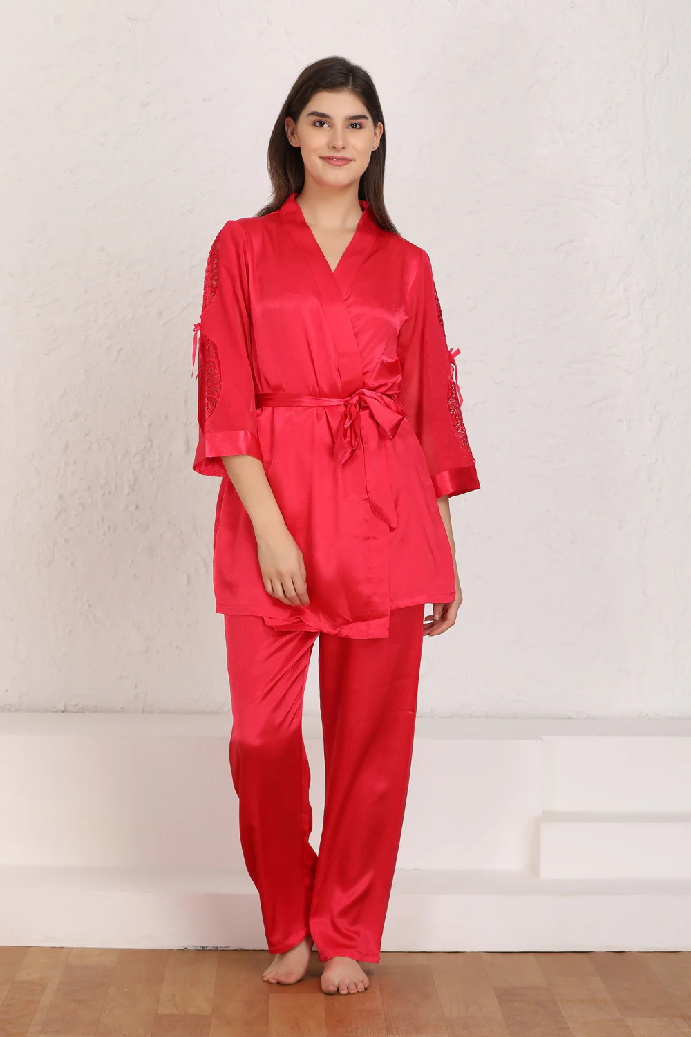 Red satin Night suit with robe - Image 2
