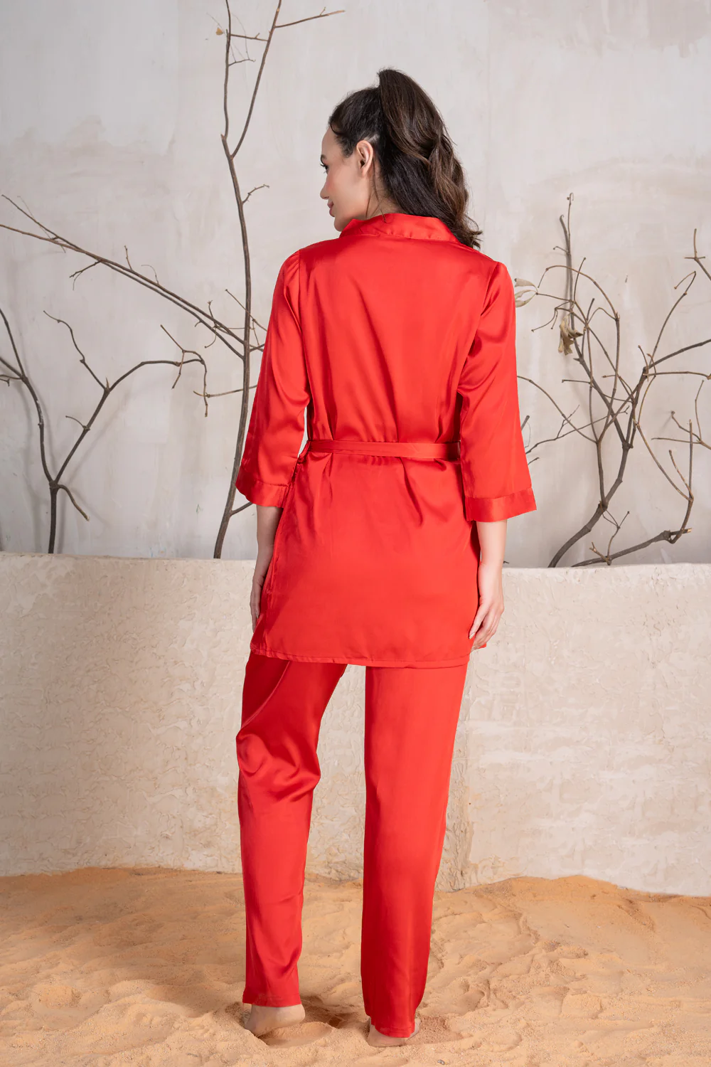 Red Satin Night Suit With Robe Set - Image 10