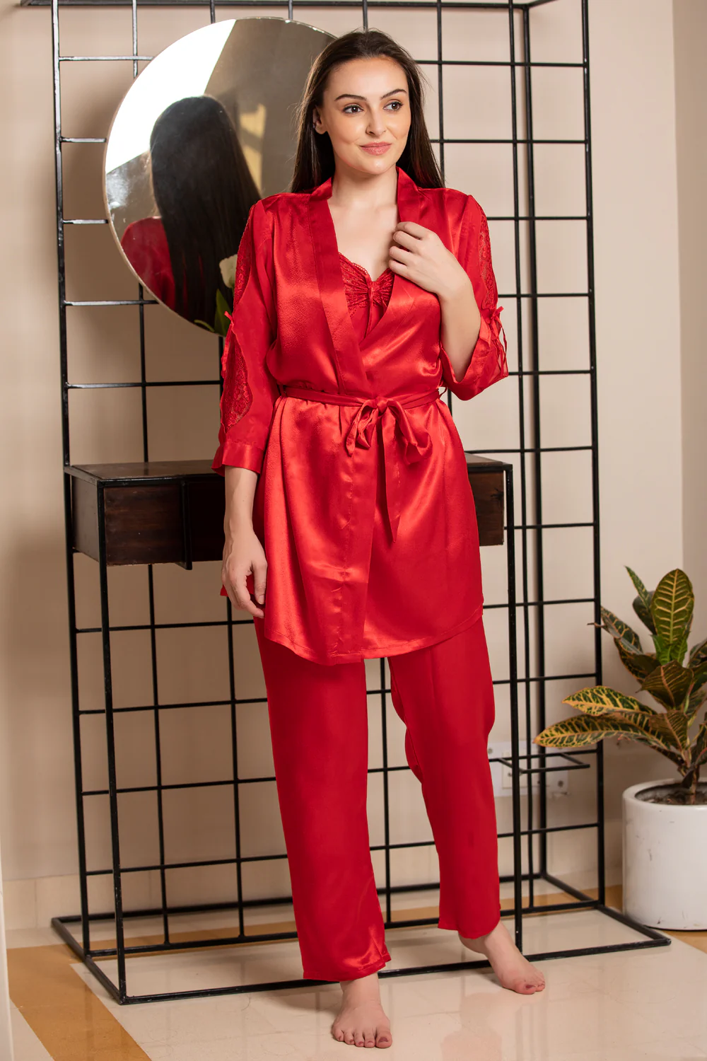 Red Satin Strap & Robe Night Suit