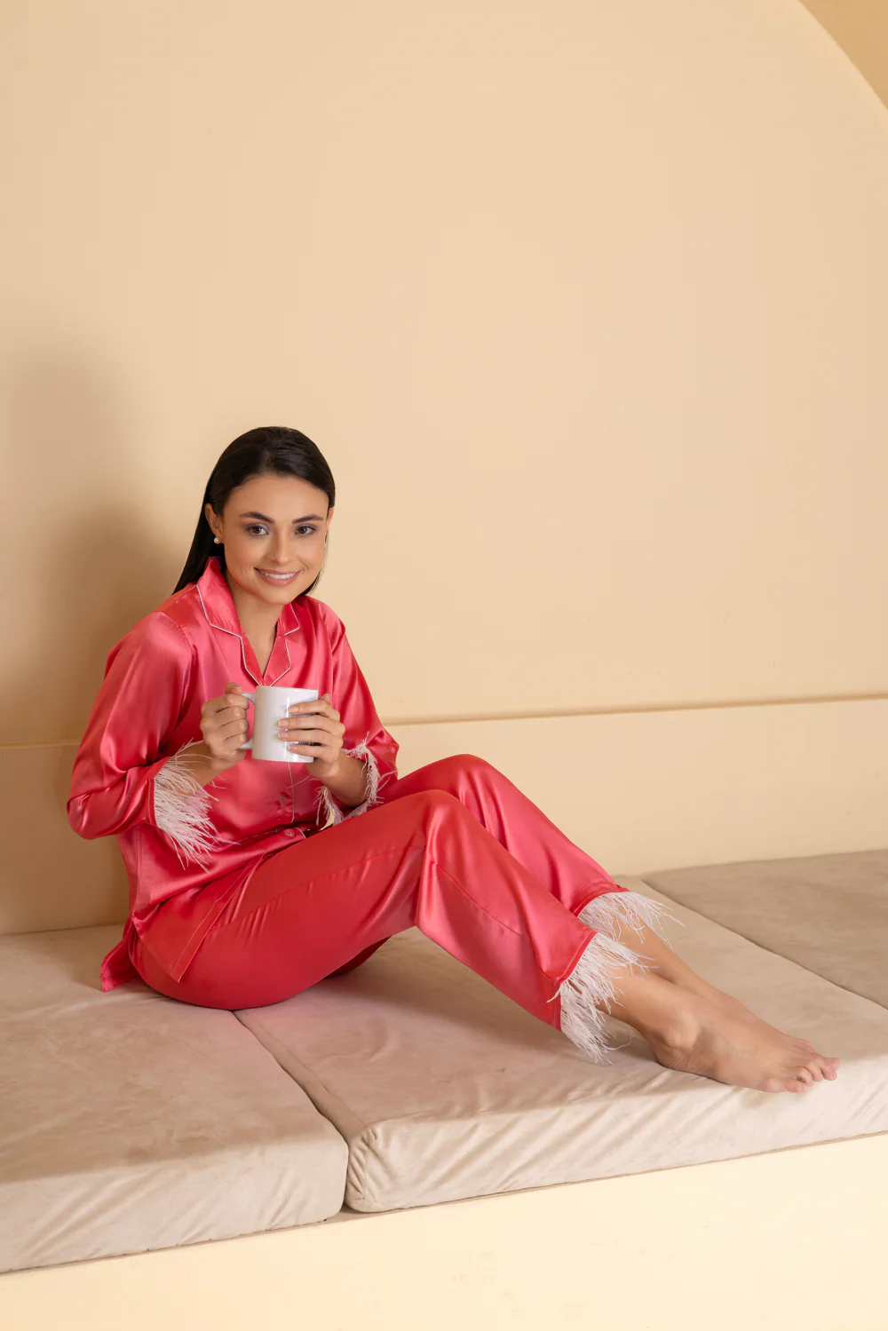 Satin Night Suit Set With Feather - Image 2