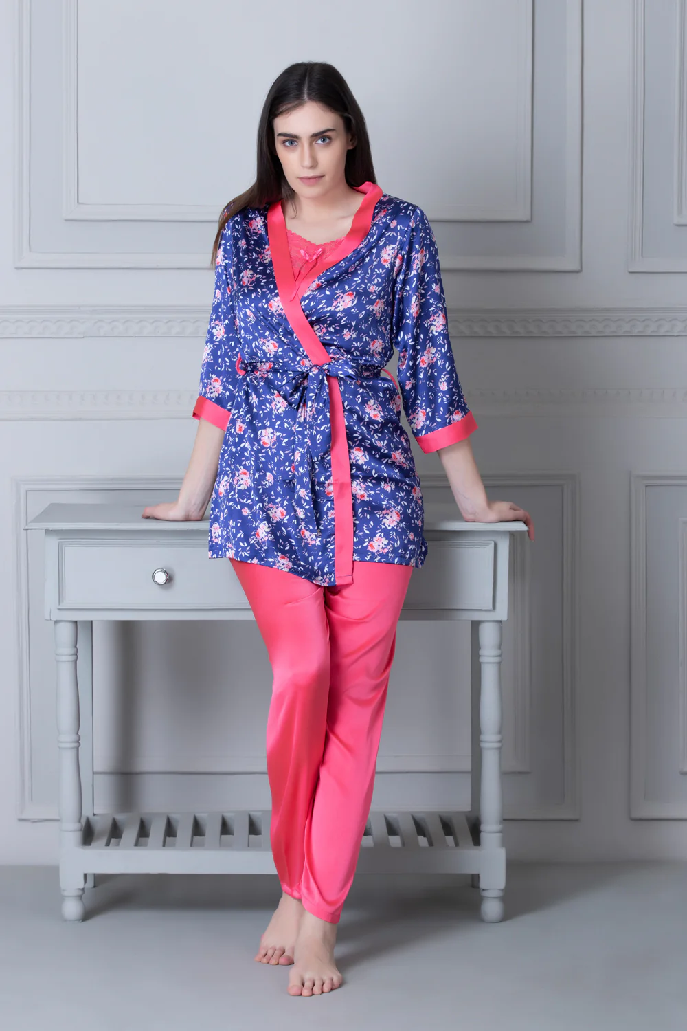 Satin Night suit with Floral Robe Blue - Image 3