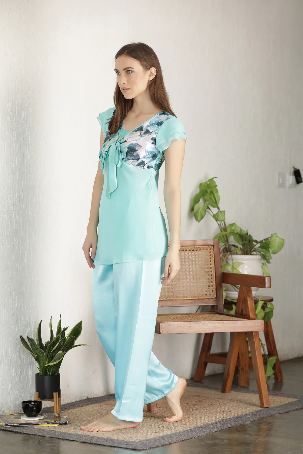 Sky Blue Chiffon & Satin Night suit - Image 2