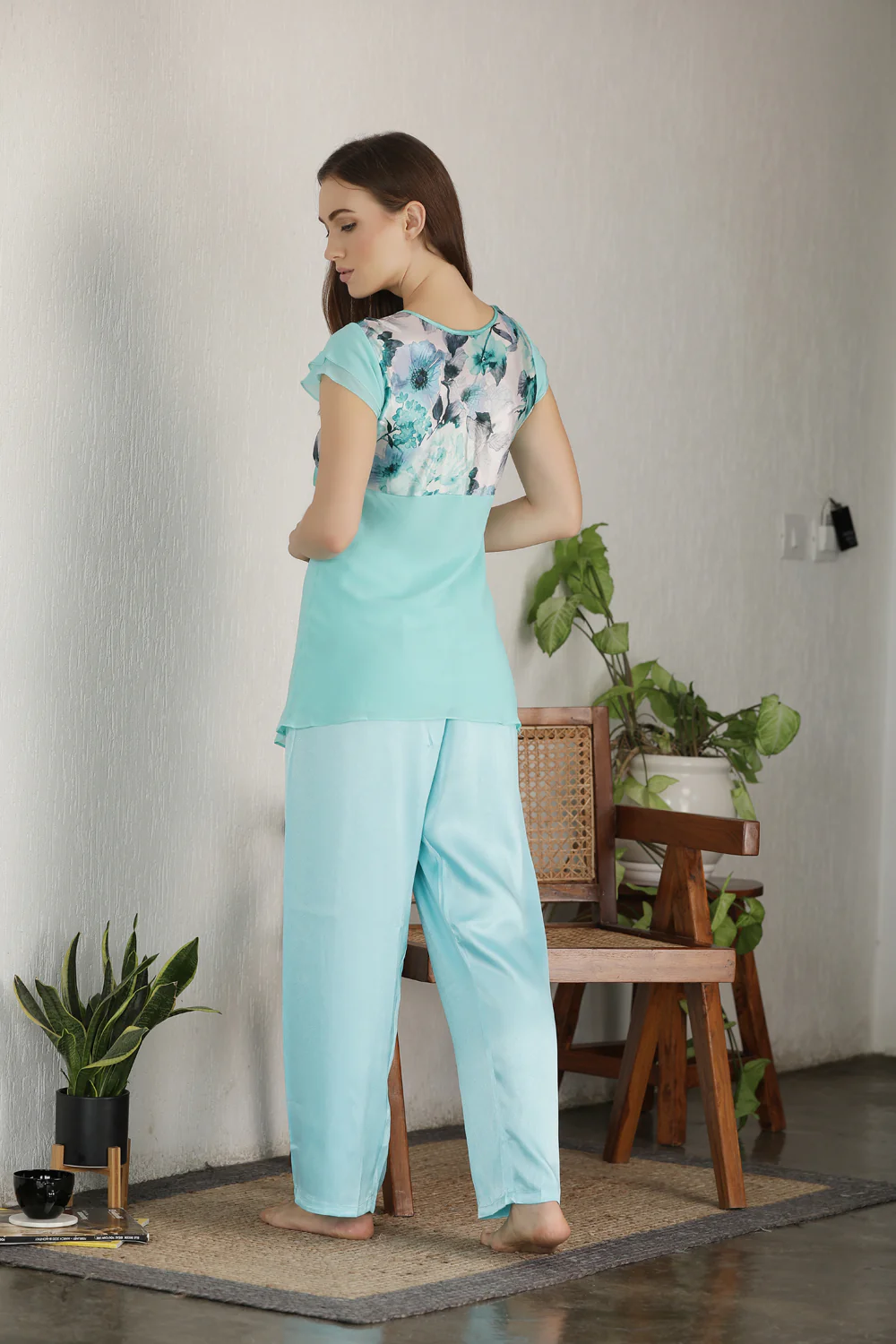 Sky Blue Chiffon & Satin Night suit - Image 3
