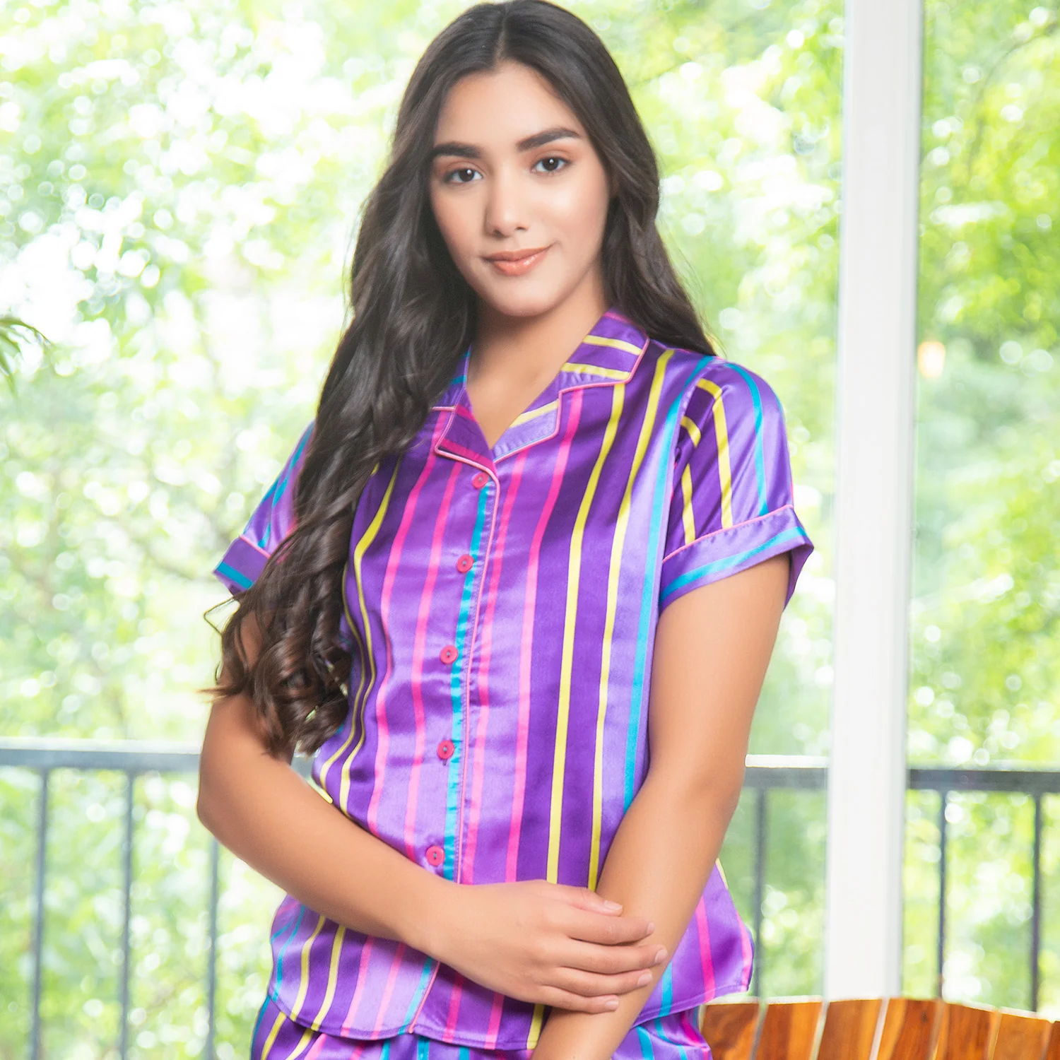 Stripe satin classic collar Night suit - Image 4